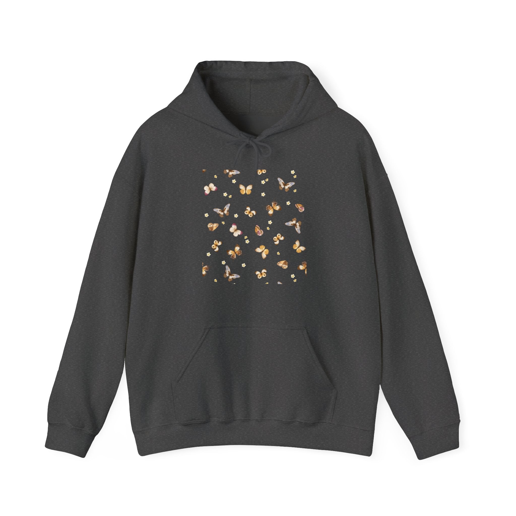 Dark gray hoodie with butterfly design on a white background
