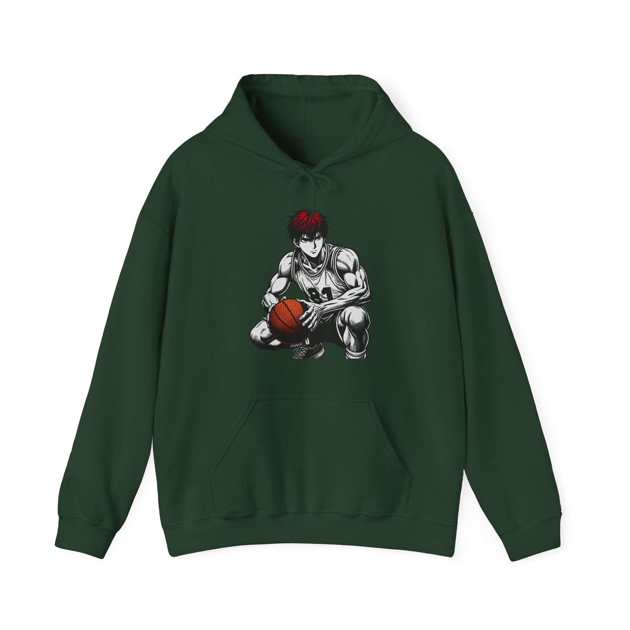 Green hoodie with a graphic of a character holding a basketball on a white background