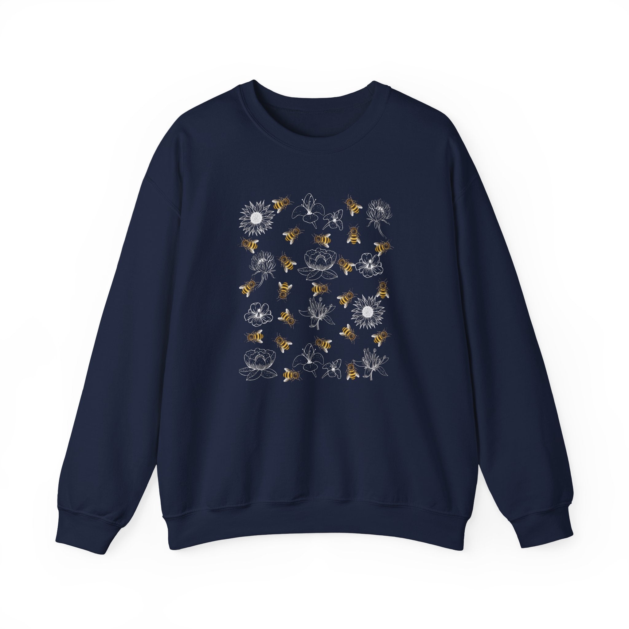 Navy blue sweatshirt with bee and flower pattern on a white background