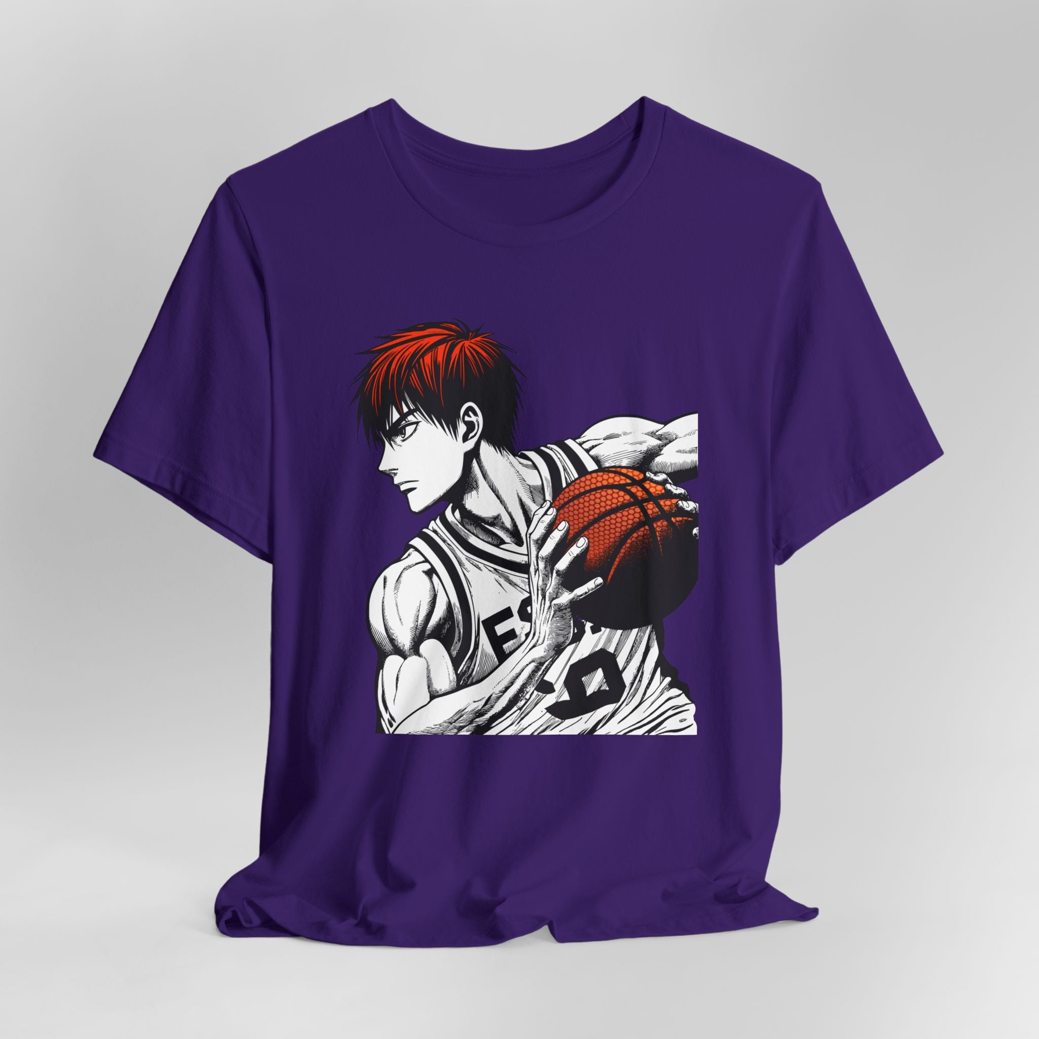 Purple t-shirt with a graphic of a basketball player on a gray background