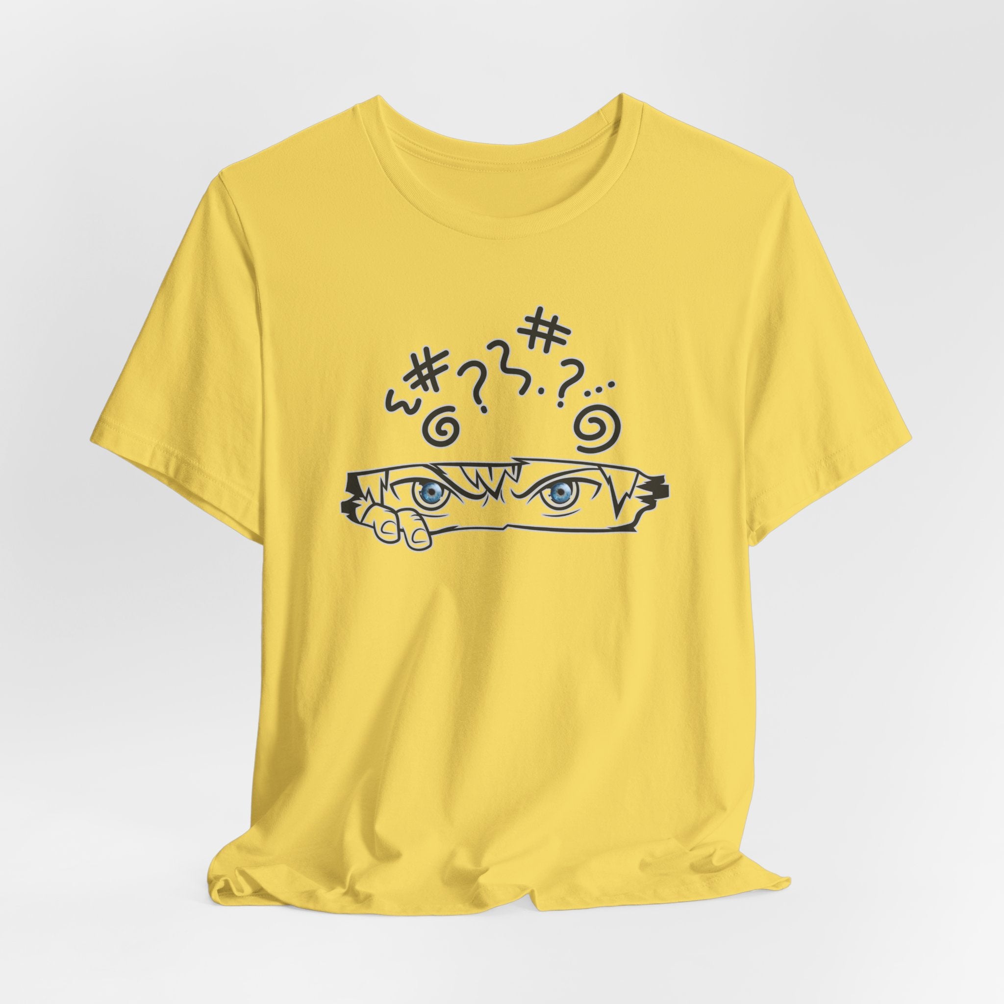 Yellow t-shirt with a graphic design on a white background