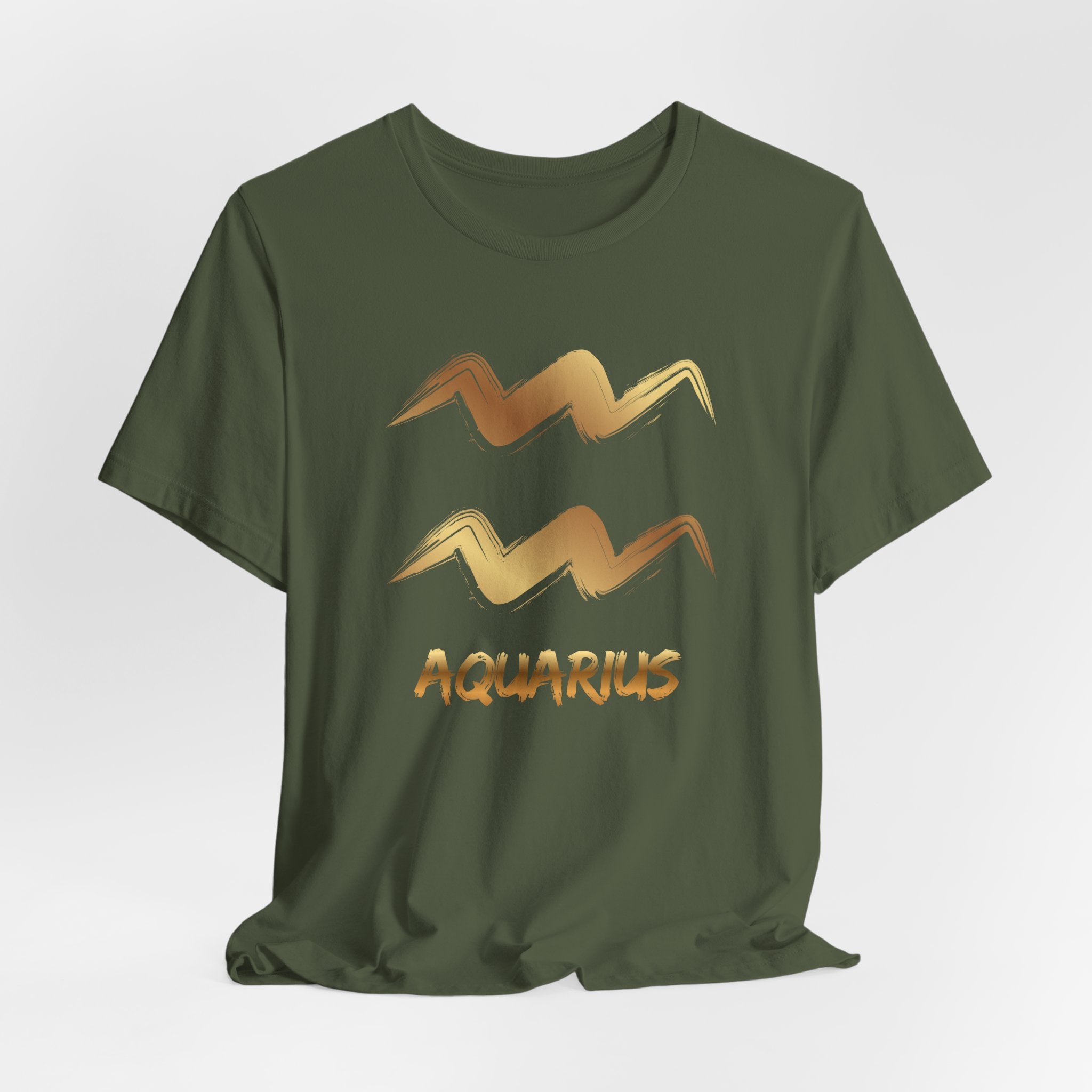 Green t-shirt with Aquarius zodiac sign design on a white background