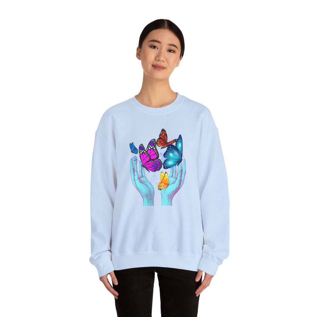 Light blue sweatshirt with colorful butterfly design on a white background