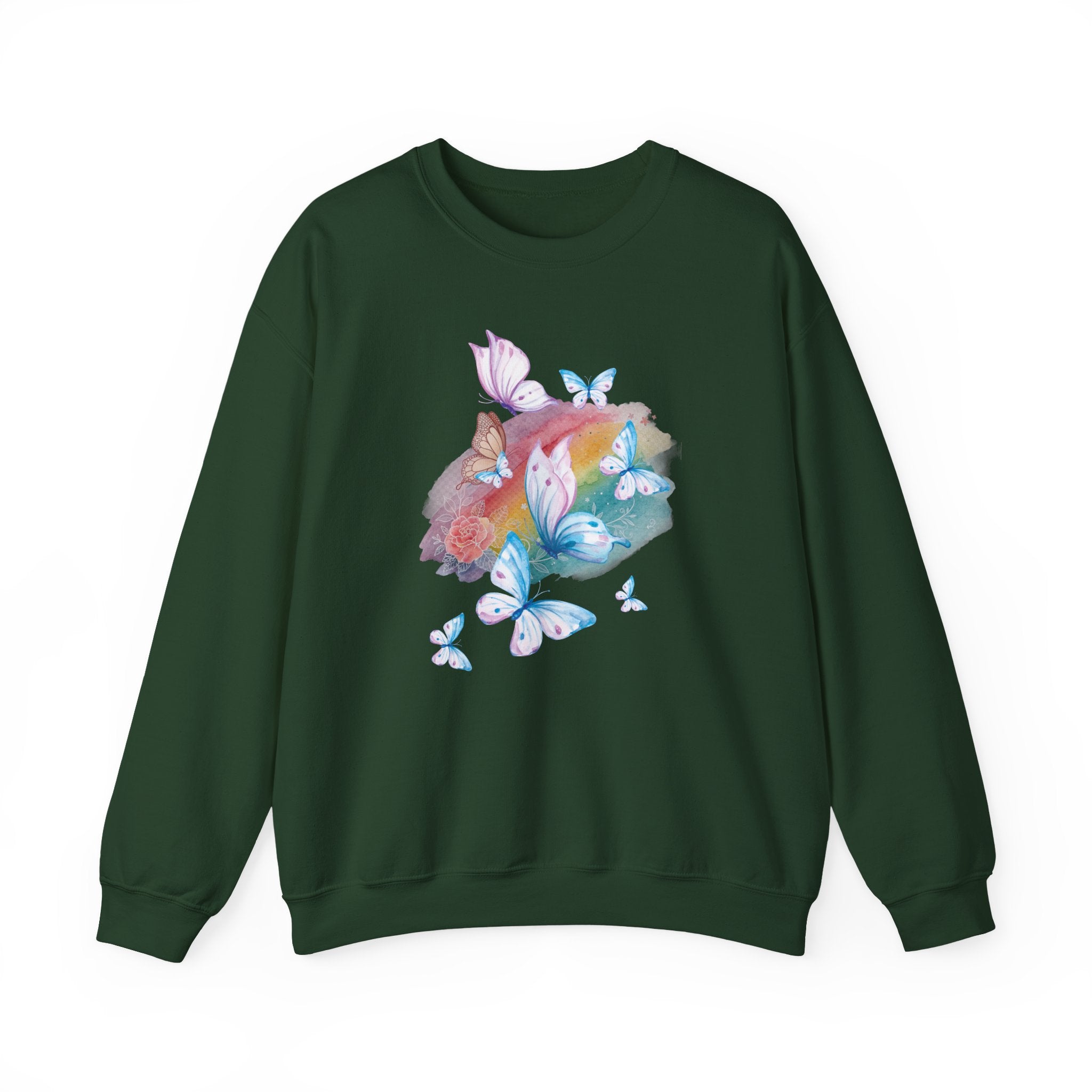 Green sweatshirt with colorful butterfly design on a white background