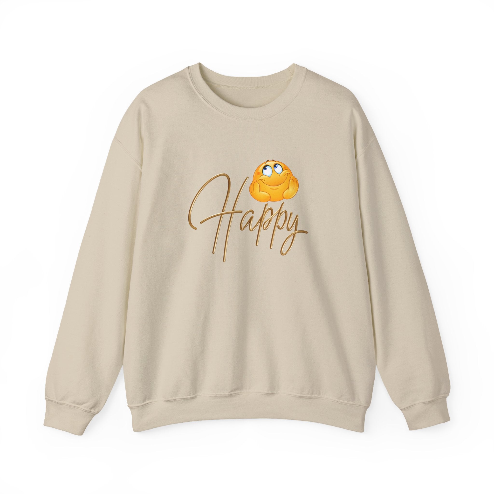 Beige sweatshirt with a cartoon face and 'Happy' text on a white background