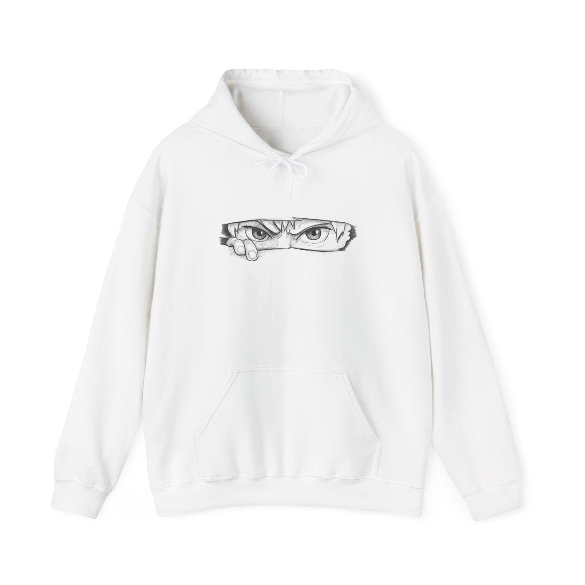 White hoodie with a graphic of a anime eye on a white background