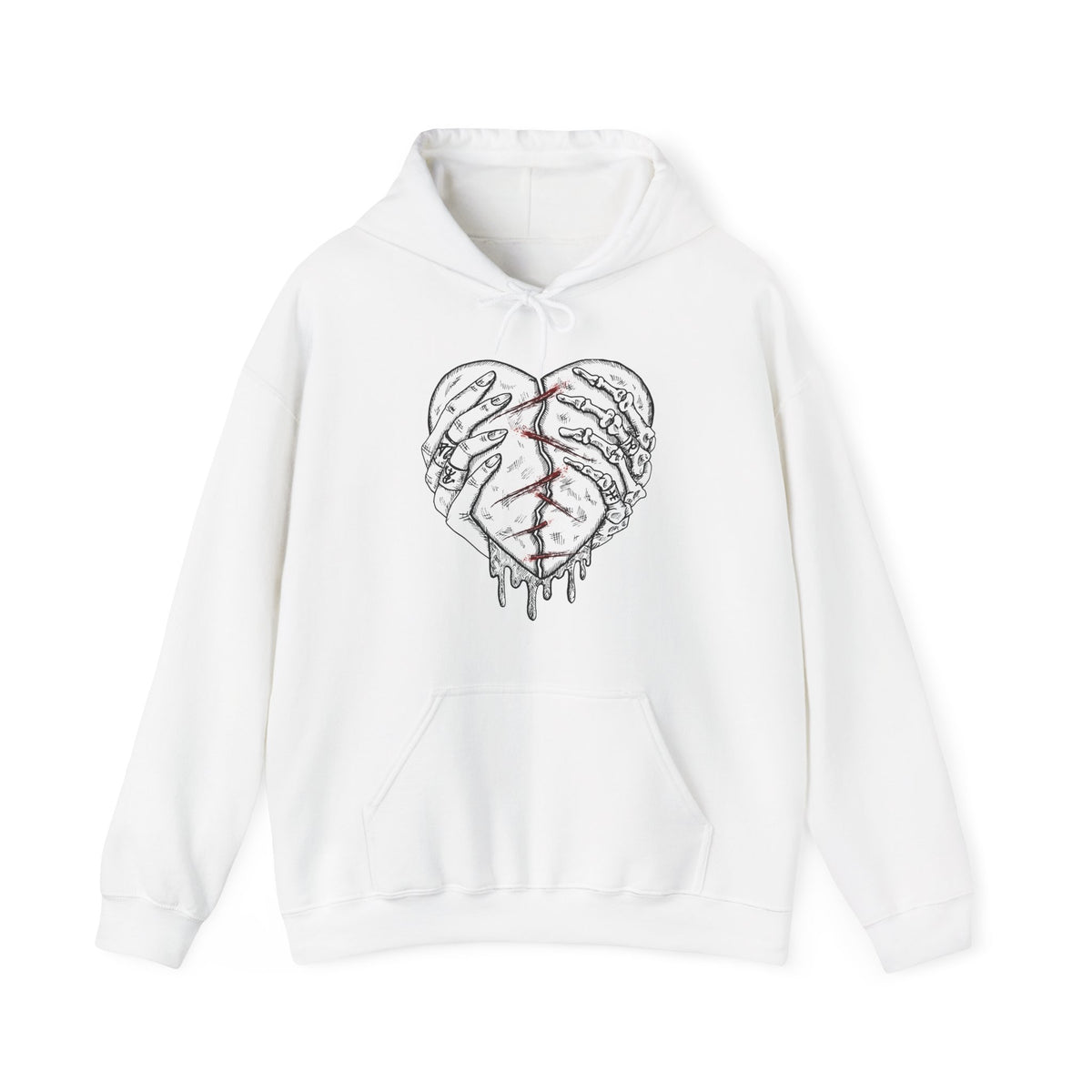 White hoodie with a graphic design of a broken heart on a white background