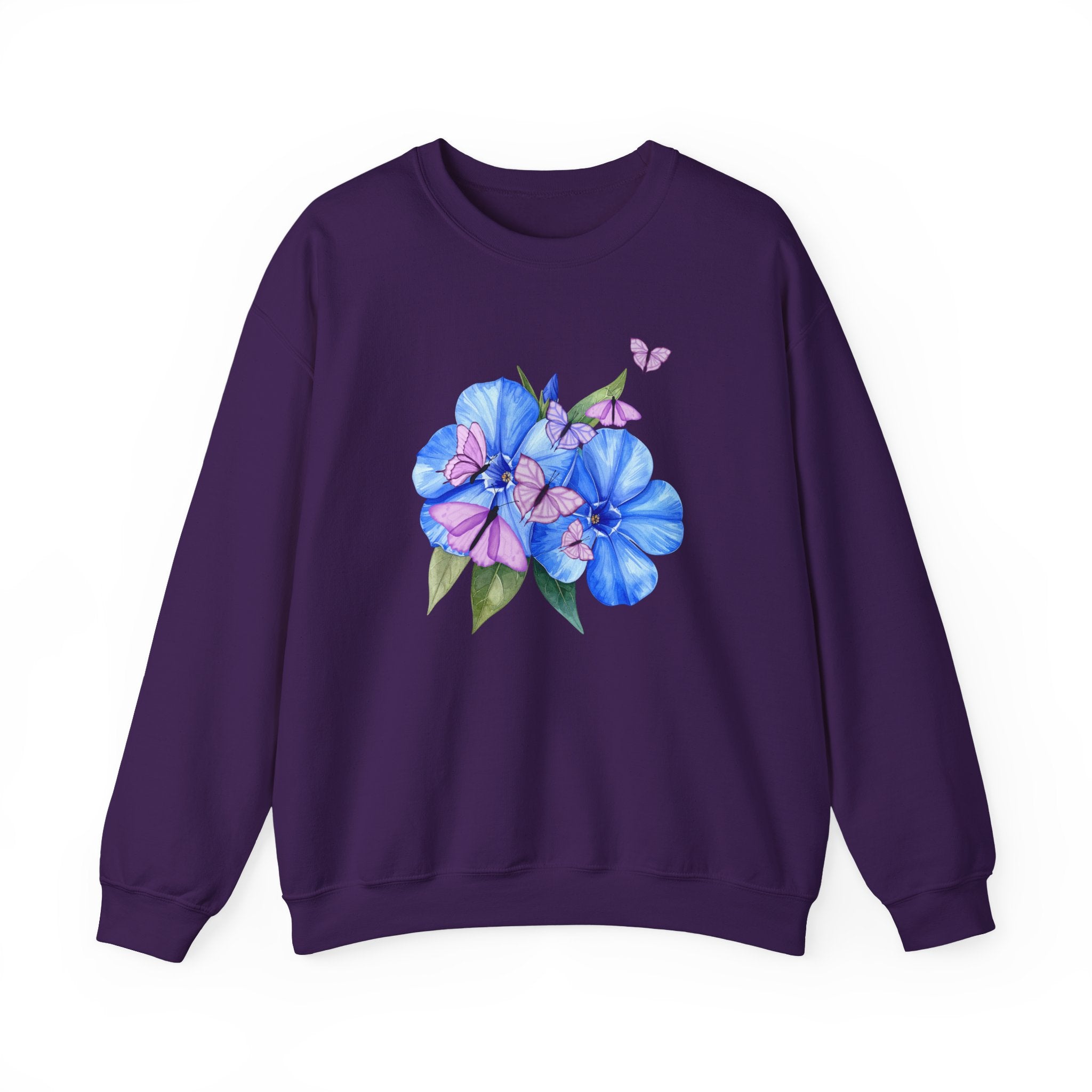Purple sweatshirt with a flower and butterfly design on a white background