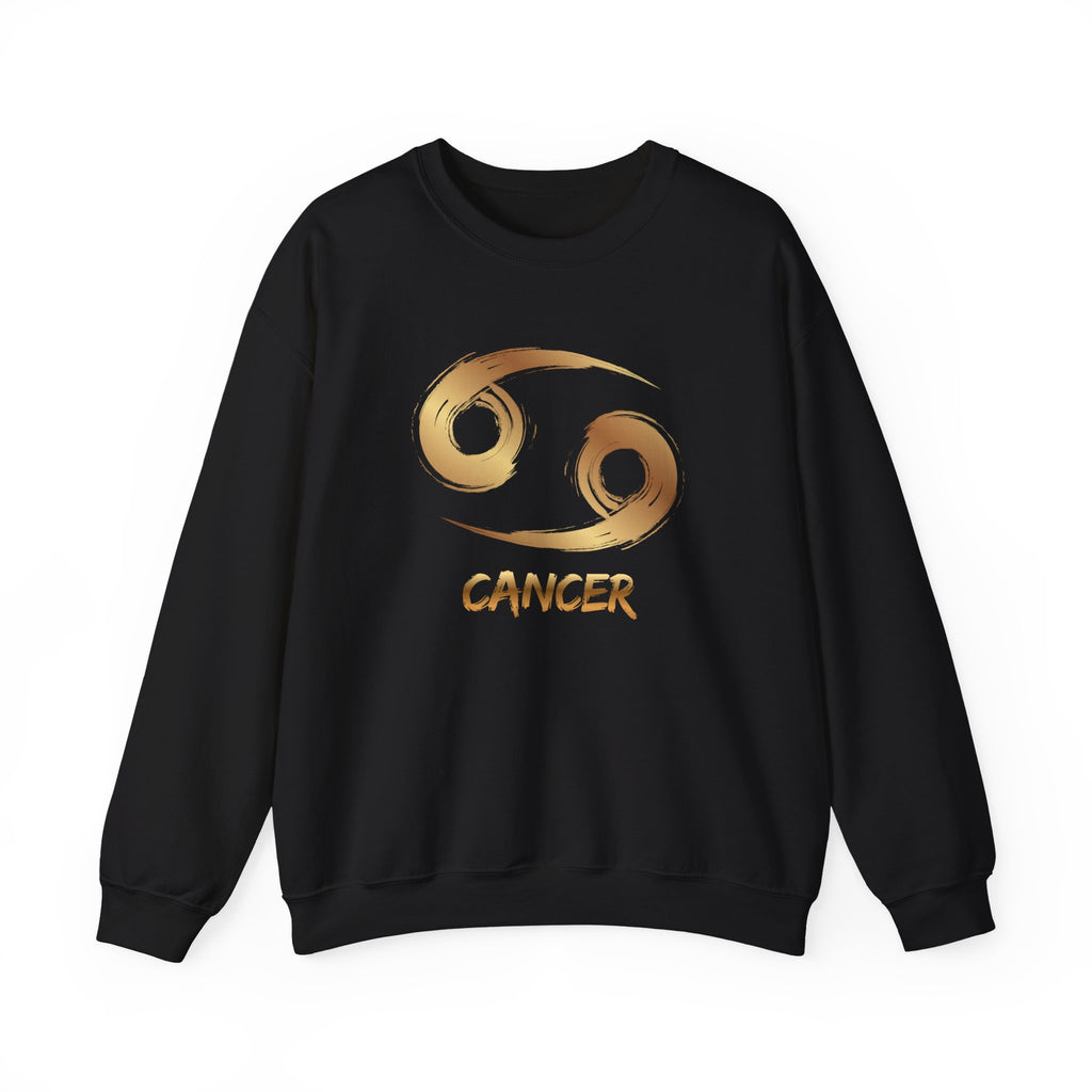 Black sweatshirt with gold Cancer zodiac symbol on a white background