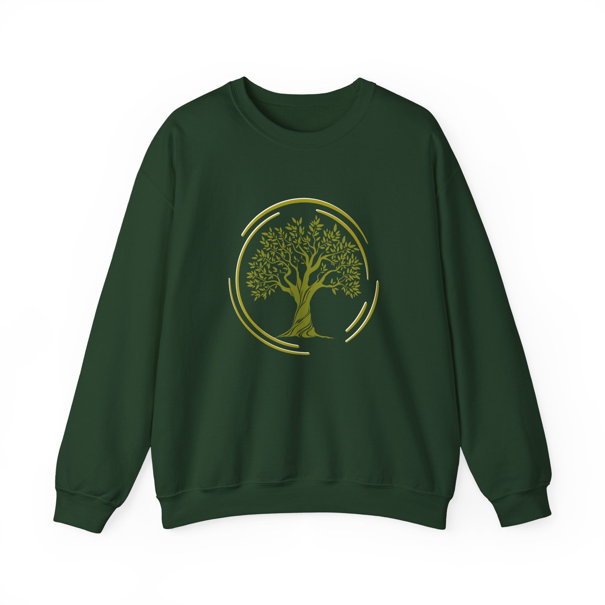 Green sweatshirt with a green tree design on a white background