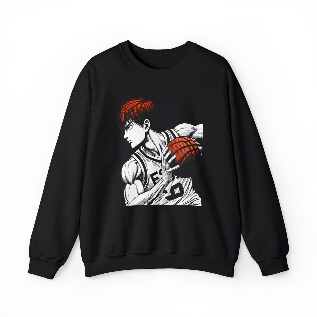 Black sweatshirt with a graphic of a character holding a basketball on a white background