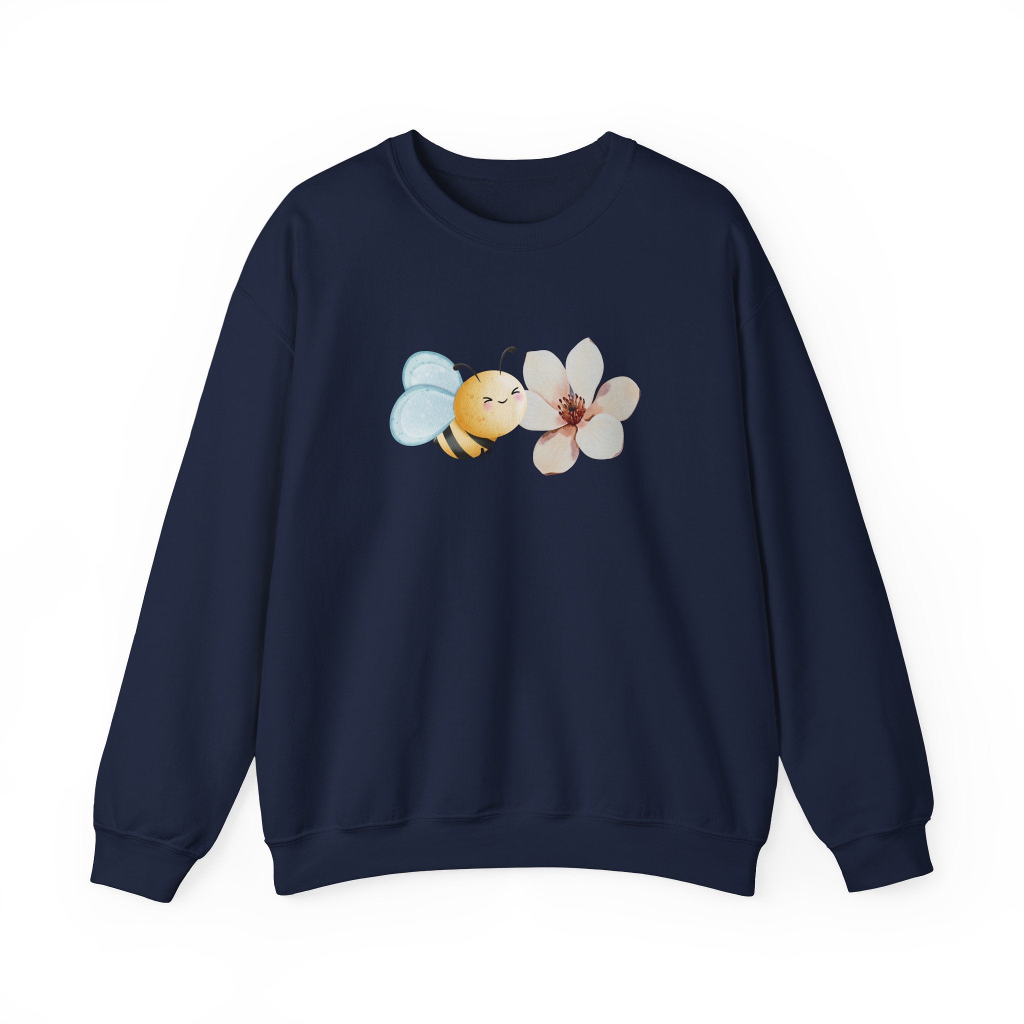 Navy blue sweatshirt with bee and flower pattern on a white background
