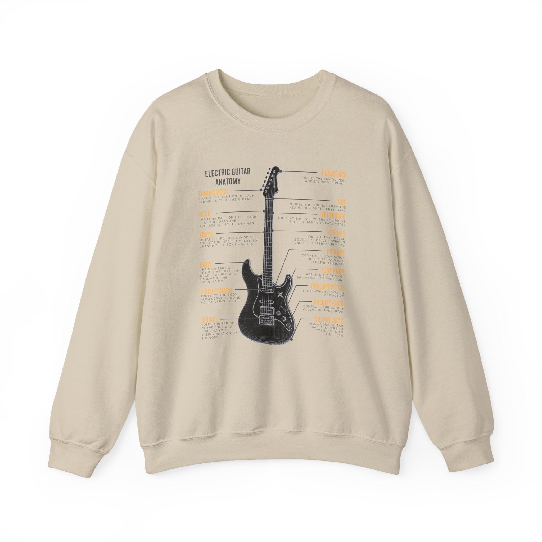 Beige sweatshirt with a electric guitar anatomy diagram design on a white background