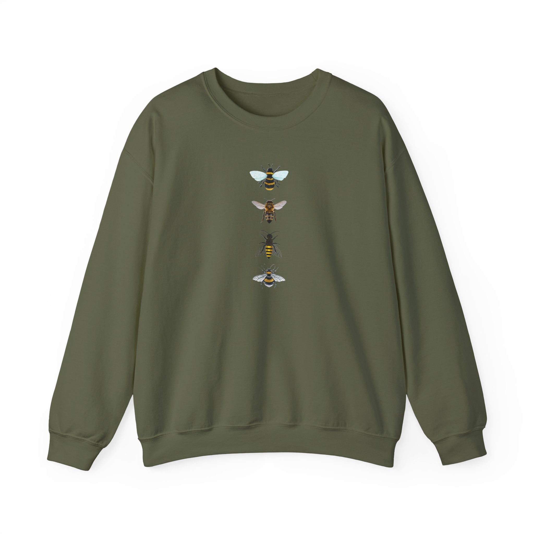 Green sweatshirt with bee illustrations on a white background