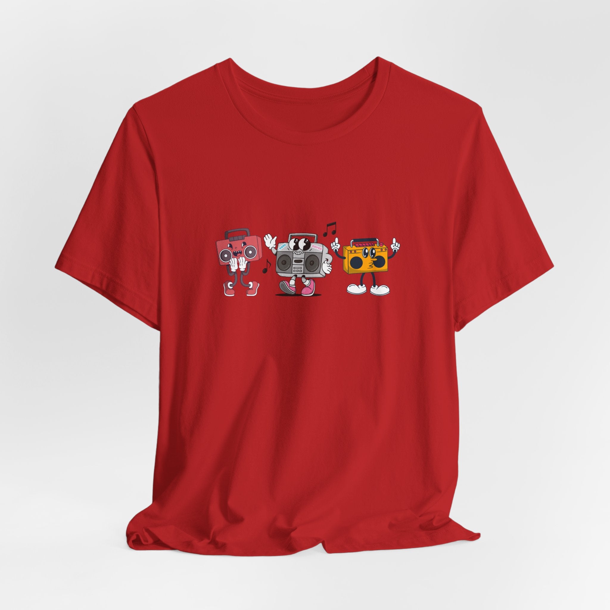 Red t-shirt with cartoon-style boomboxes on a white background