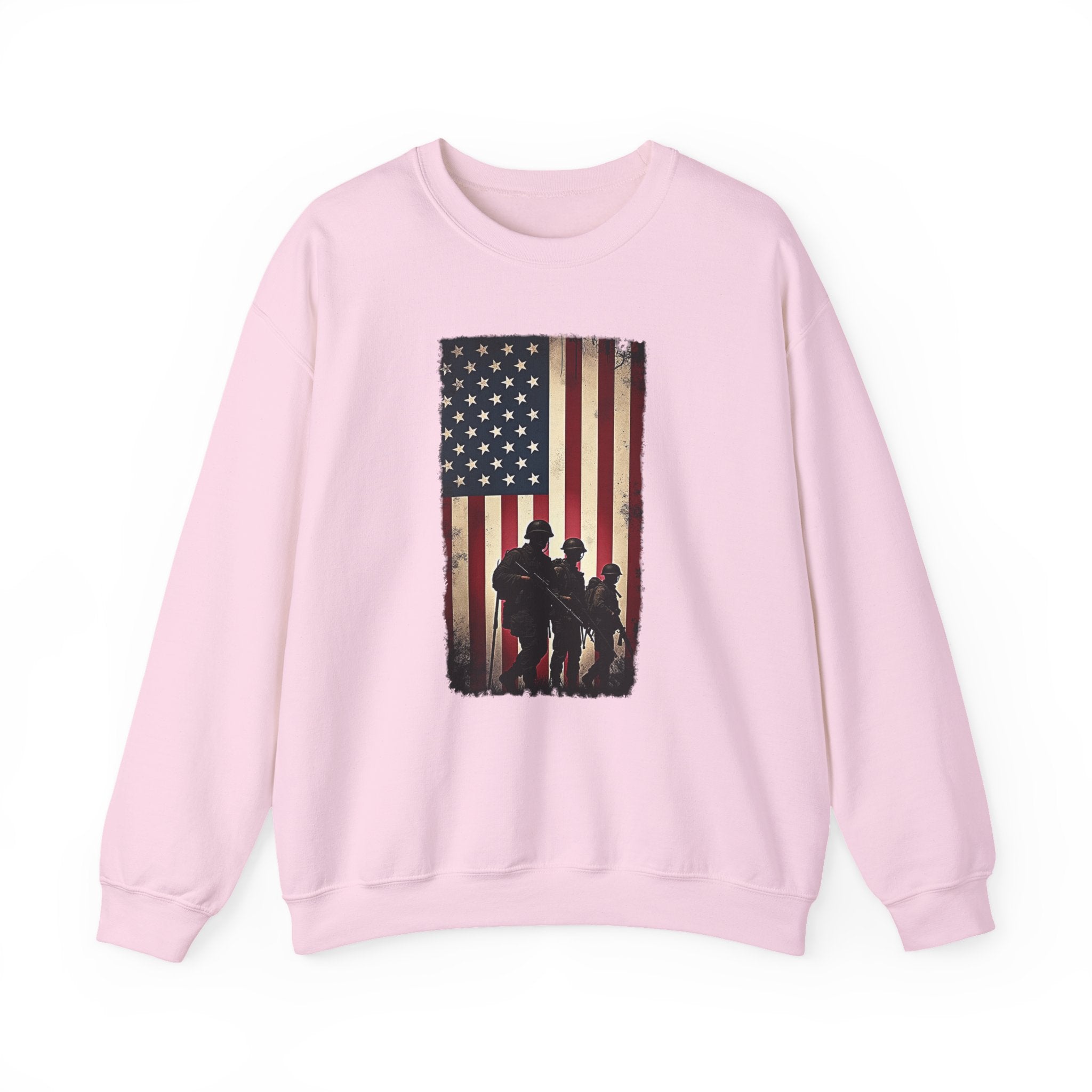 Pink sweatshirt with American flag and silhouette design on a white background