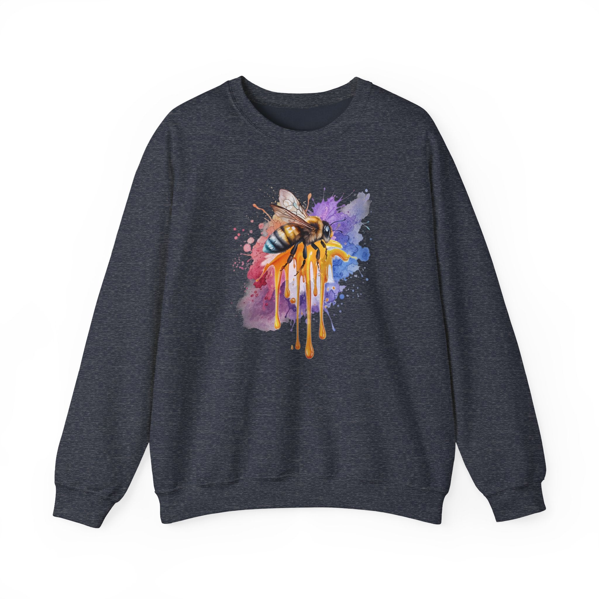 Dark navy sweatshirt with a colorful bee and honey design on a white background
