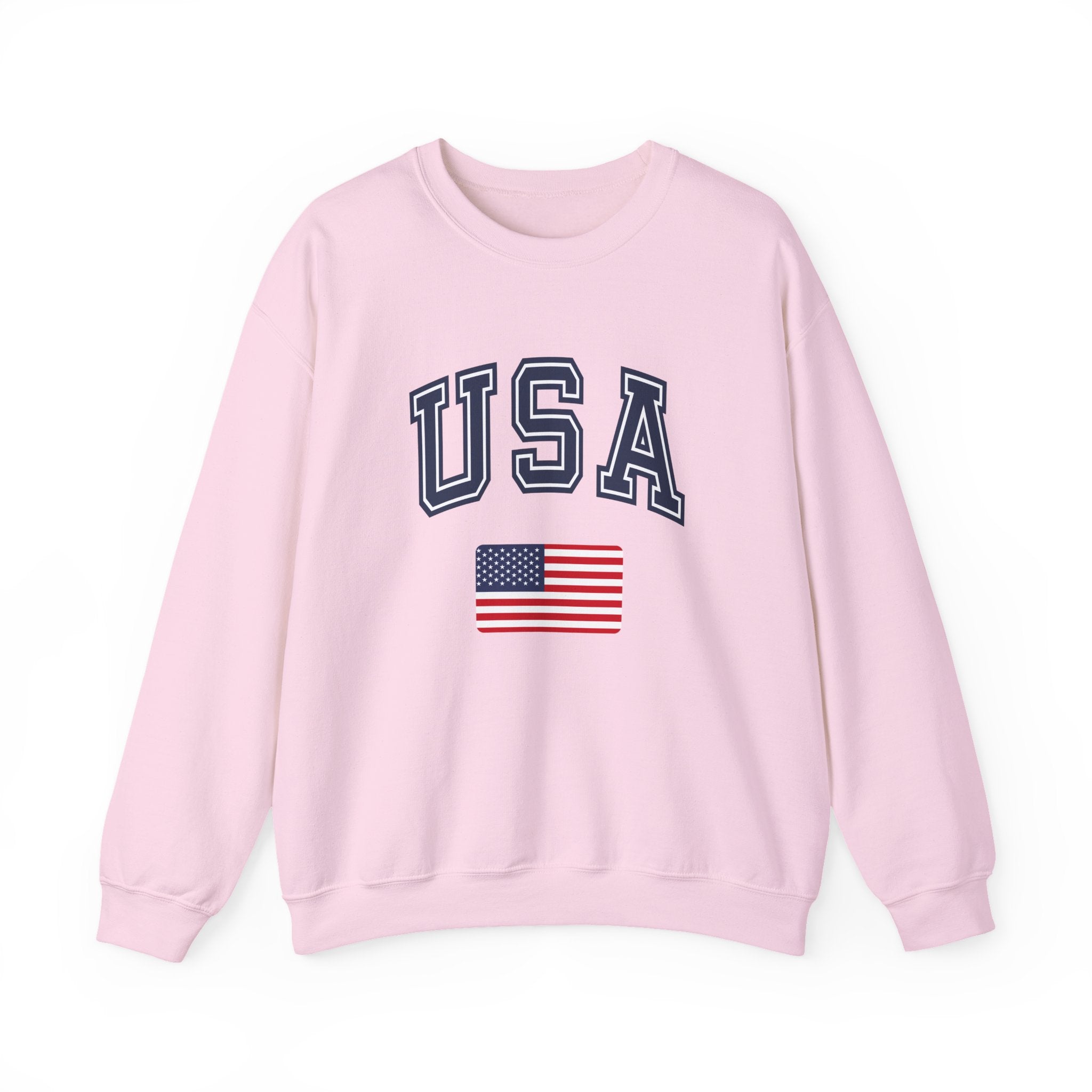Pink sweatshirt with 'USA' and American flag on a white background