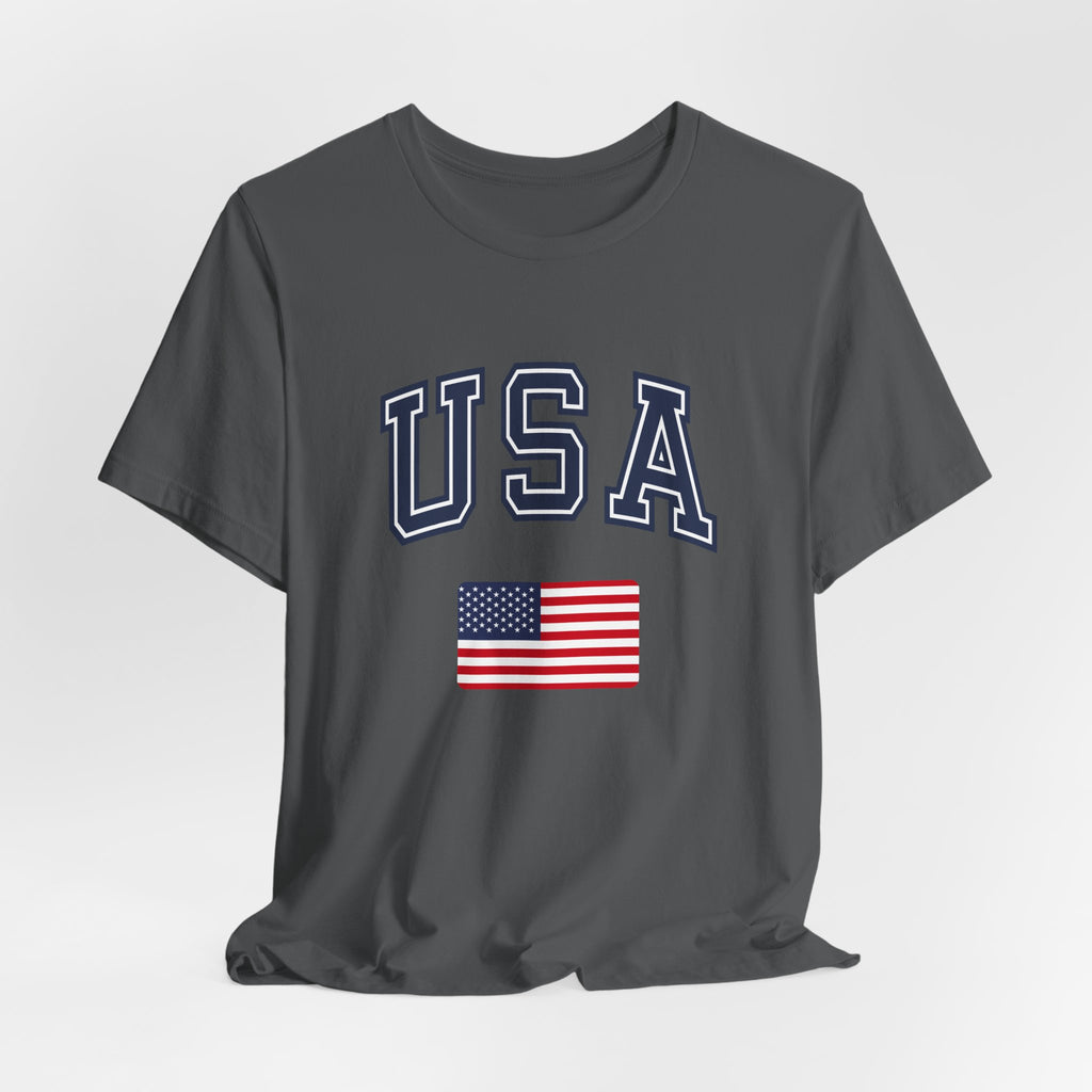Gray t-shirt with 'USA' text and American flag on a light gray background