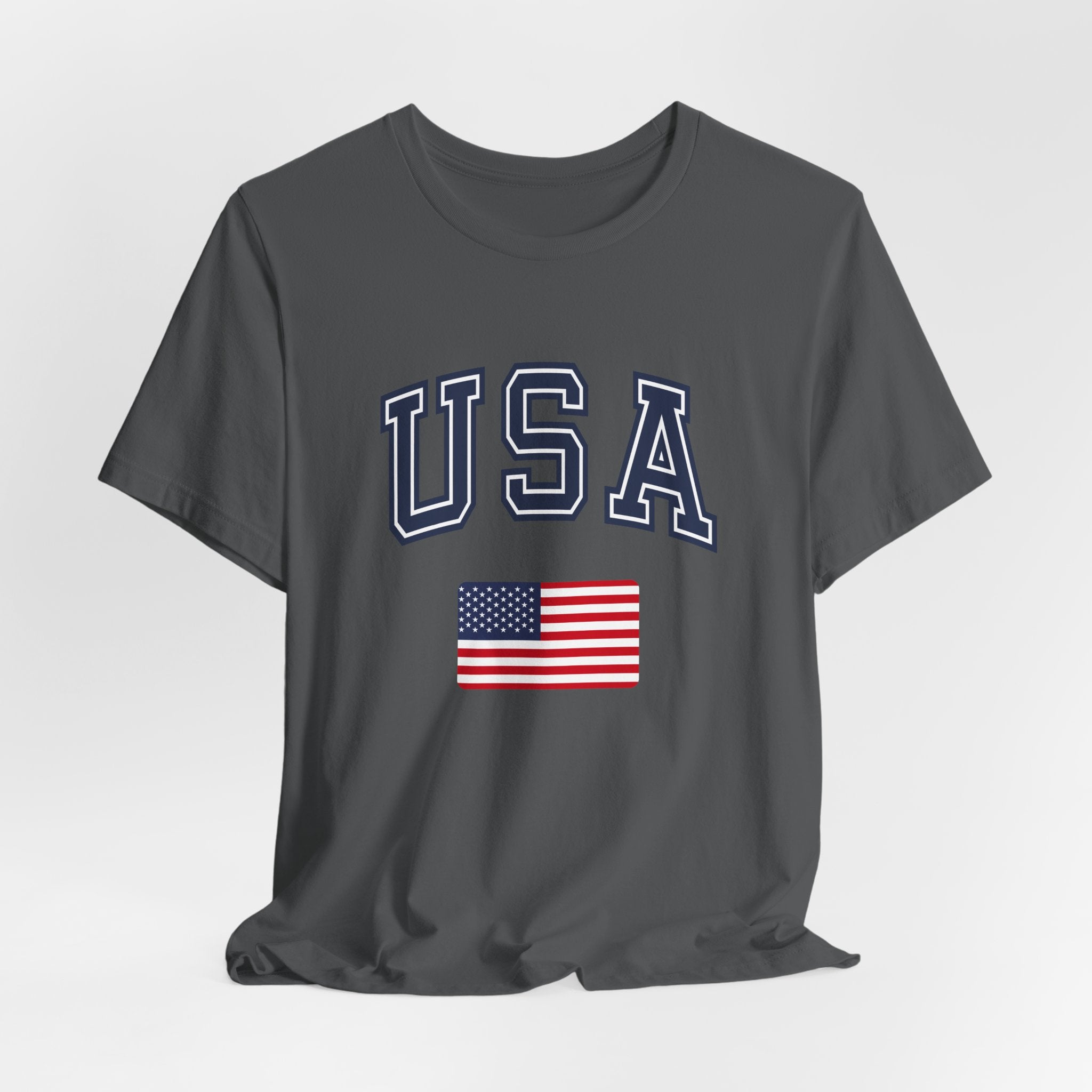 Gray t-shirt with 'USA' text and American flag on a light gray background