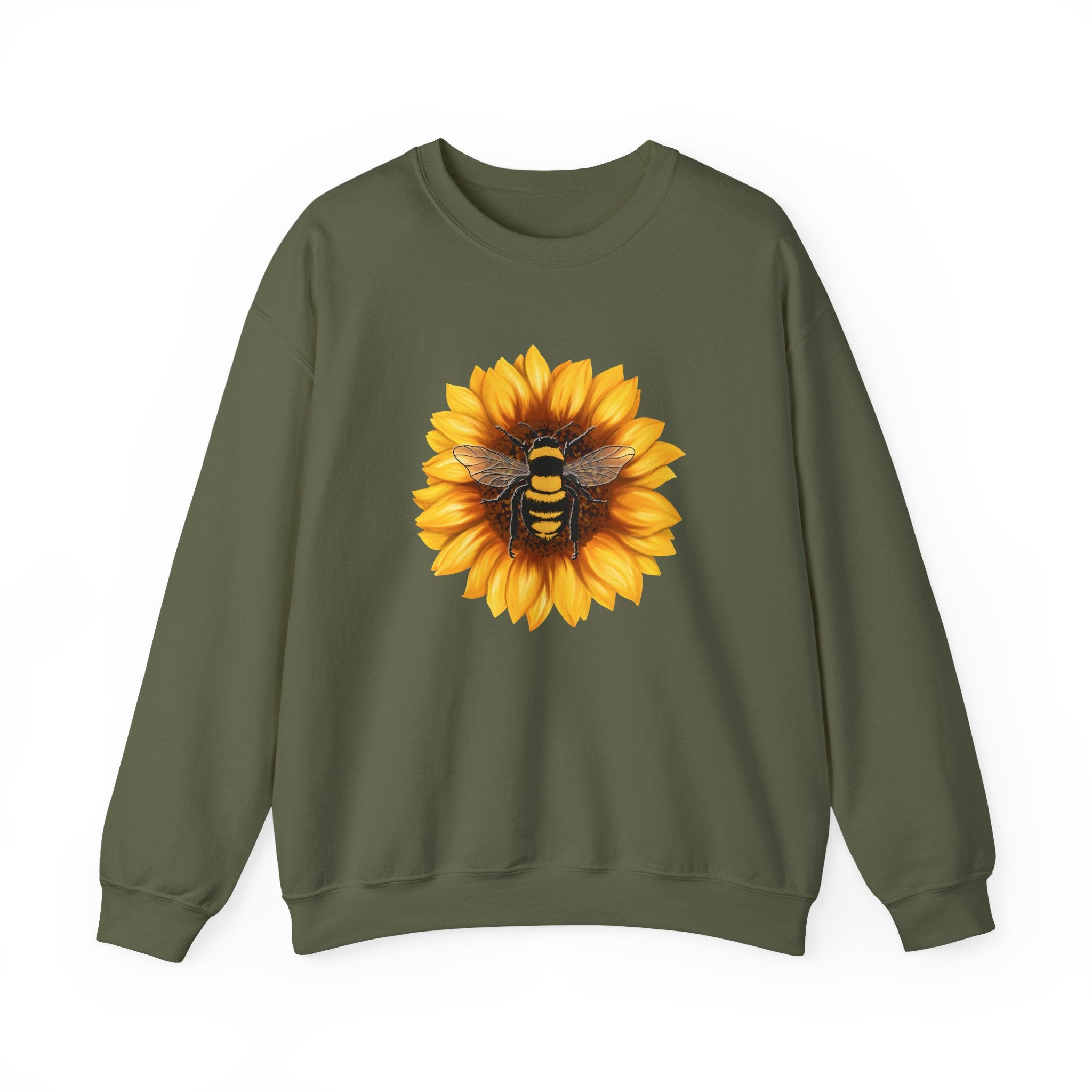Green sweatshirt with a sunflower and bee design on a white background
