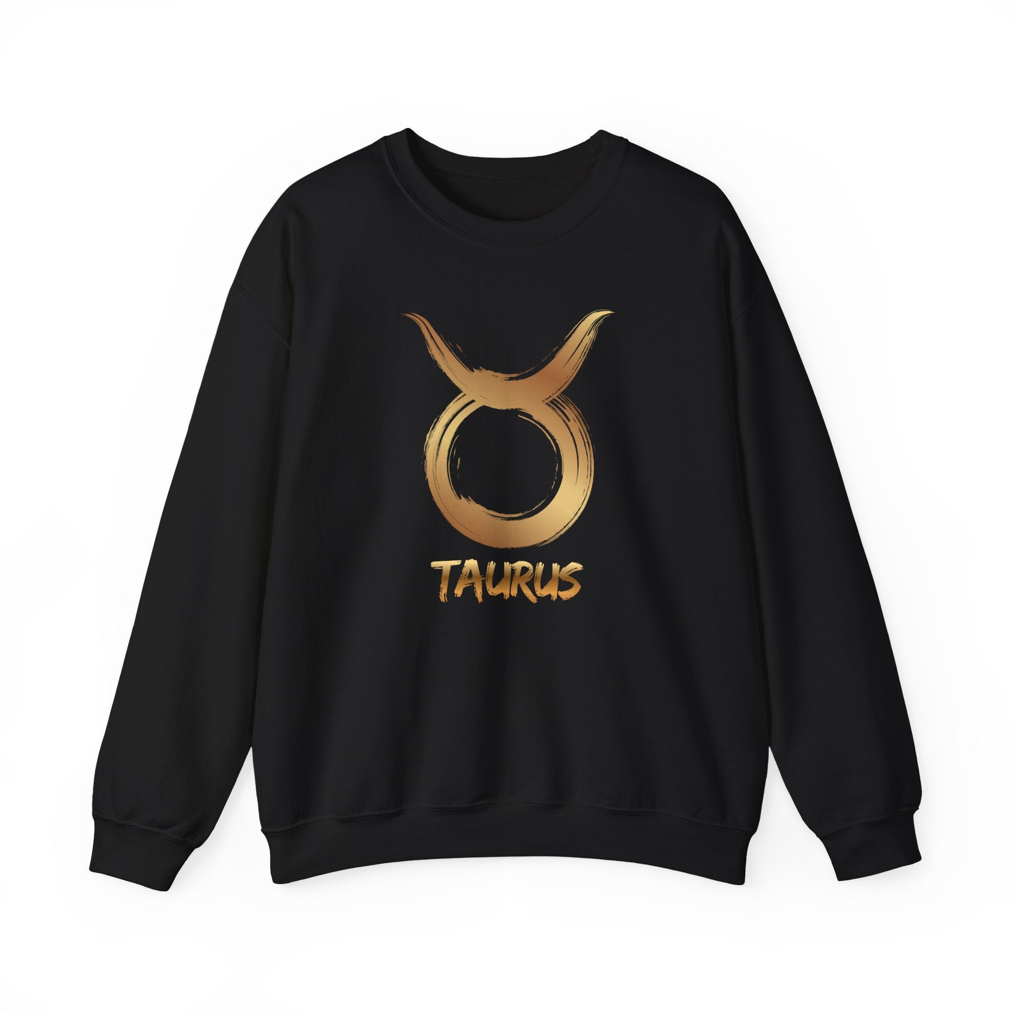 Black sweatshirt with gold Taurus symbol and text on a white background