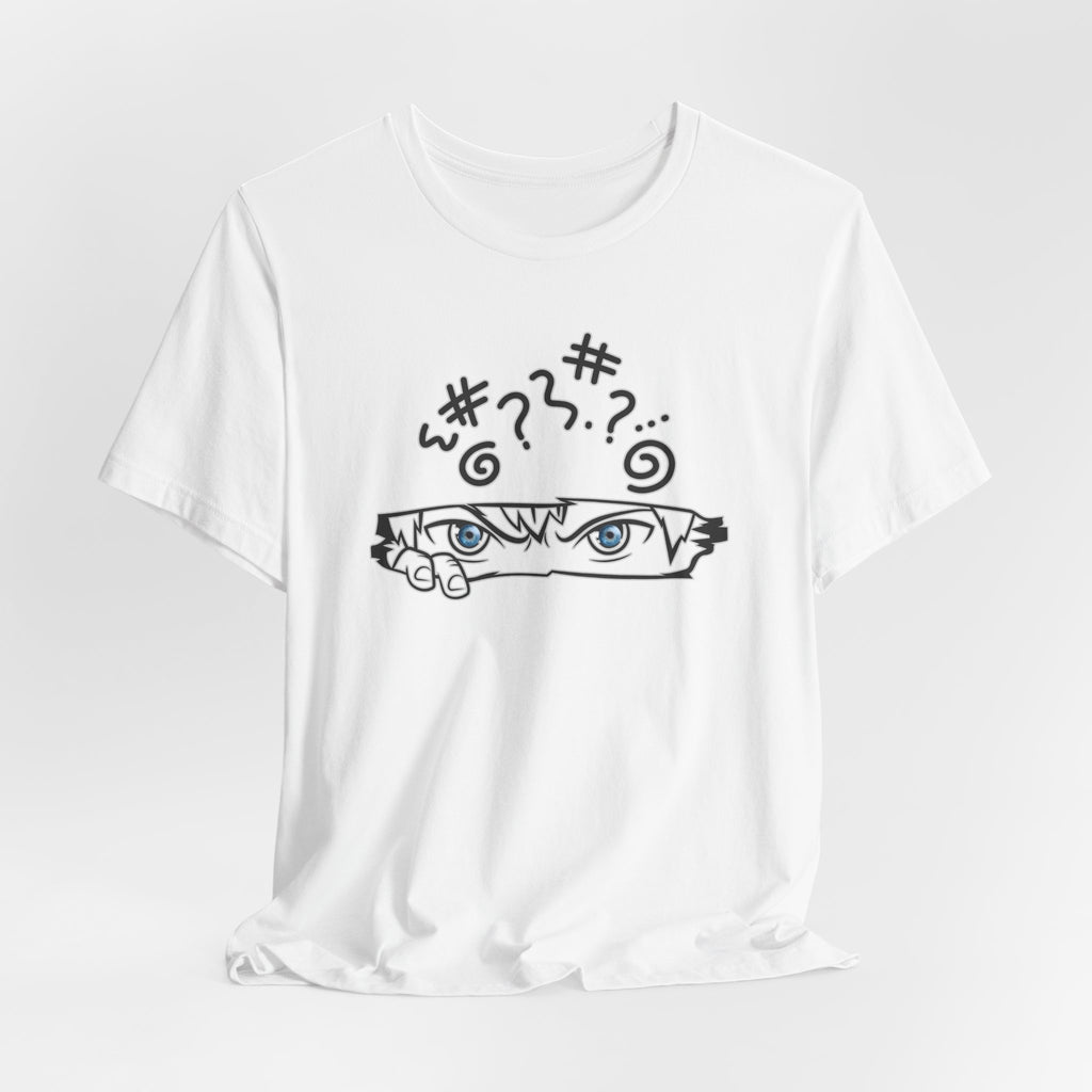 White t-shirt with black graphic design on a white background