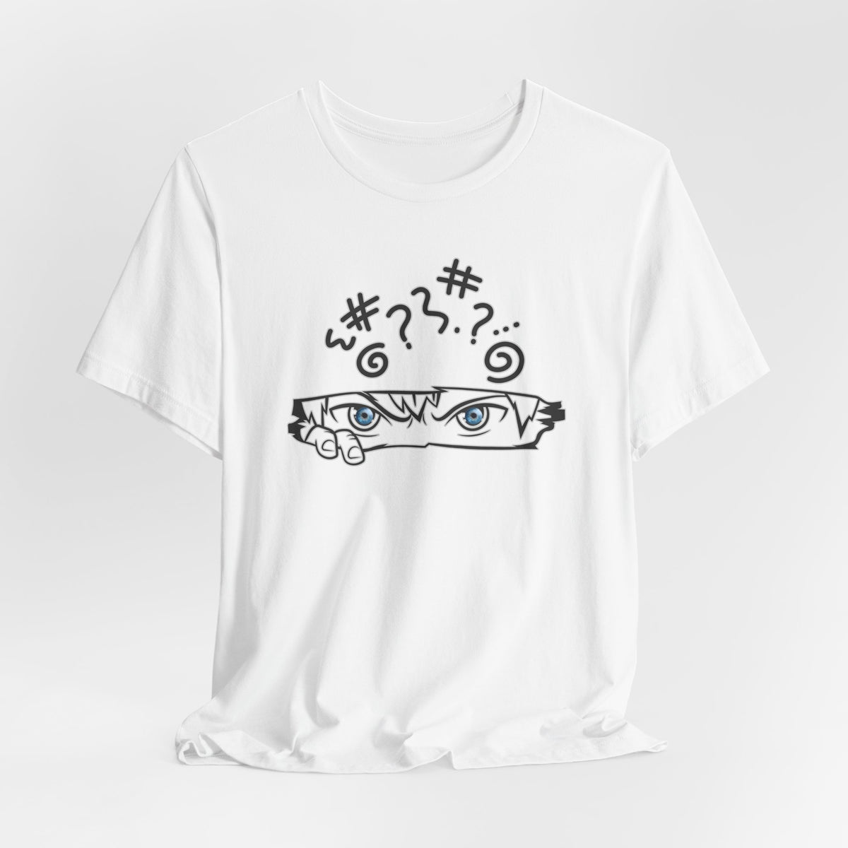 White t-shirt with black graphic design on a white background