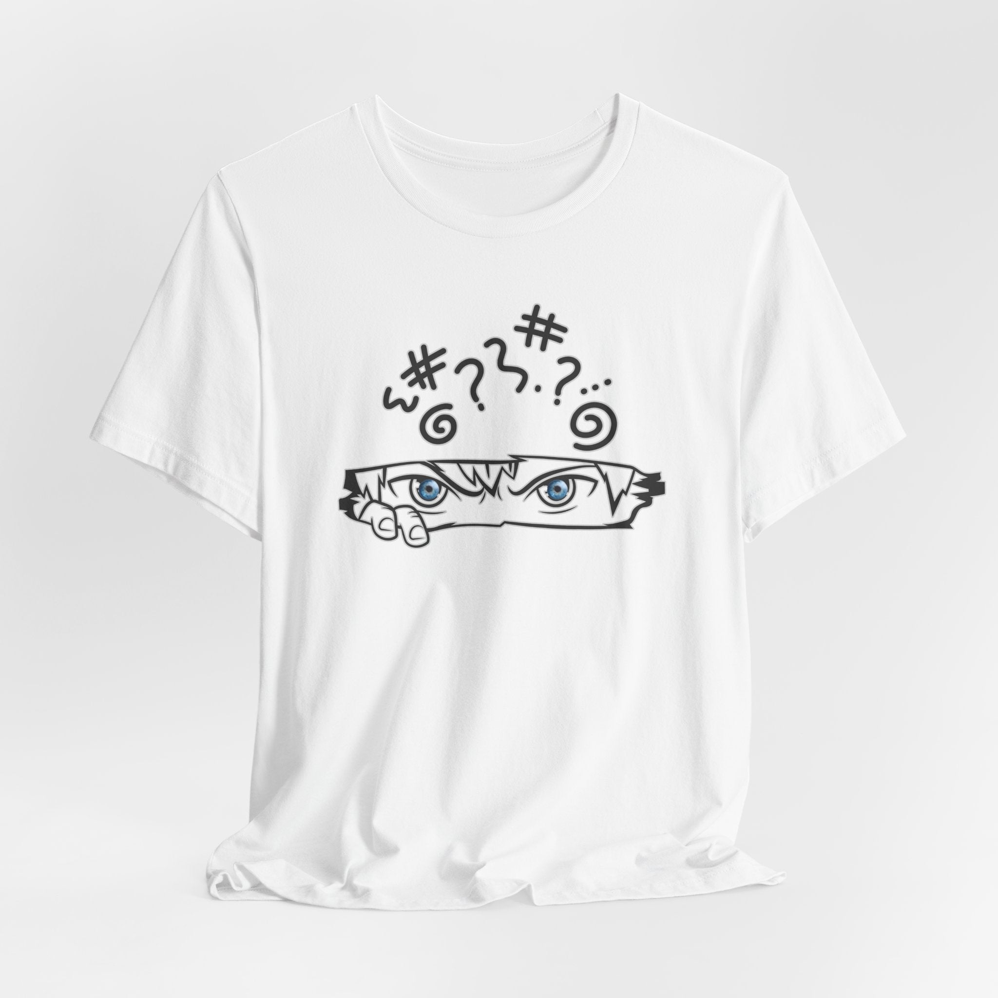 White t-shirt with black graphic design on a white background