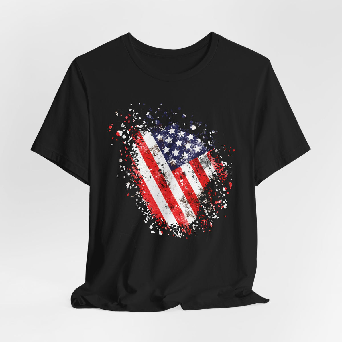 Black t-shirt with American flag design on a white background