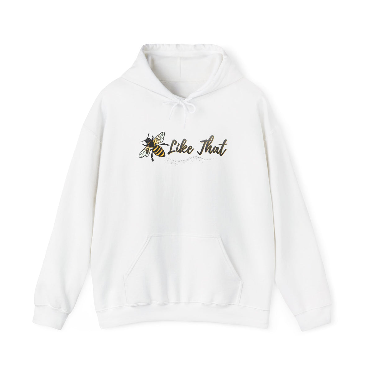 White hoodie with bee and text design on a white background