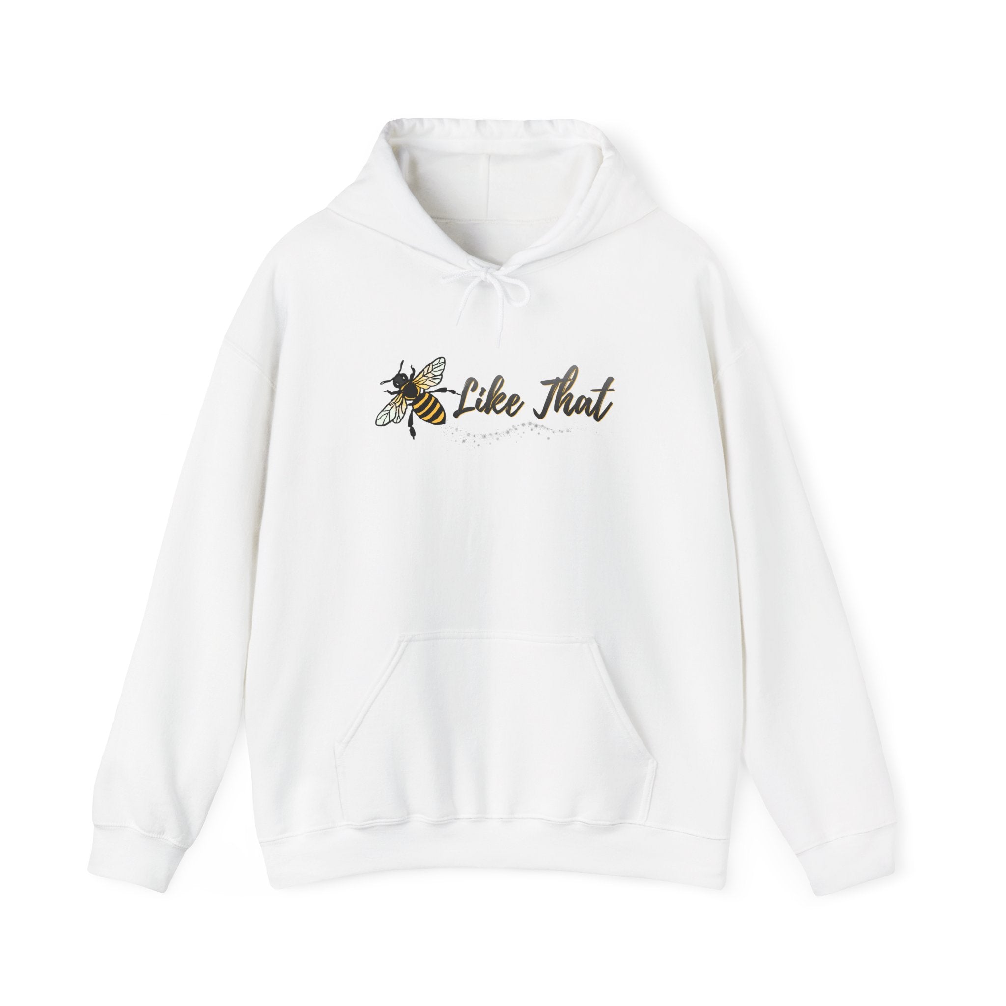 White hoodie with bee and text design on a white background