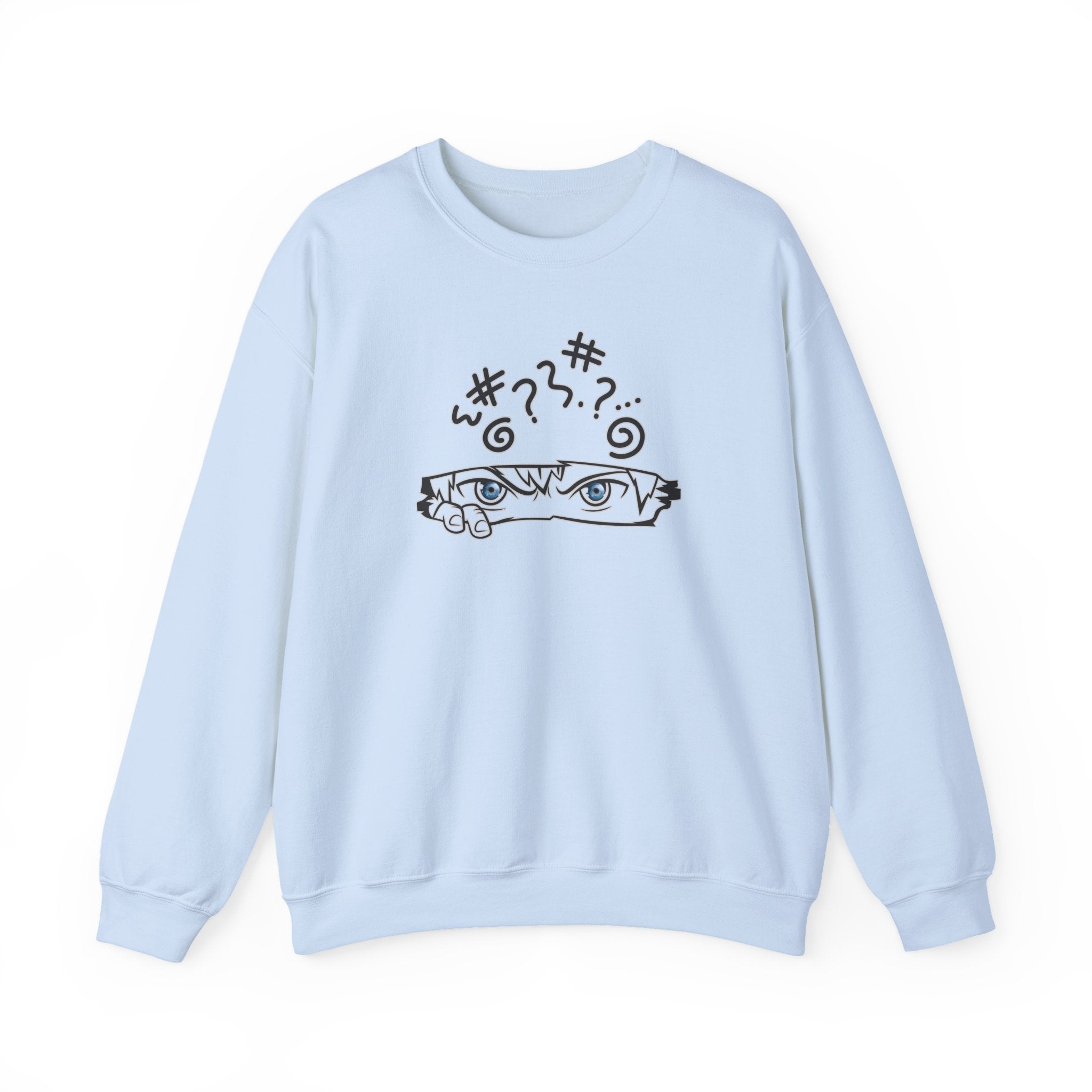 Light blue sweatshirt with black anime graphic design on a white background