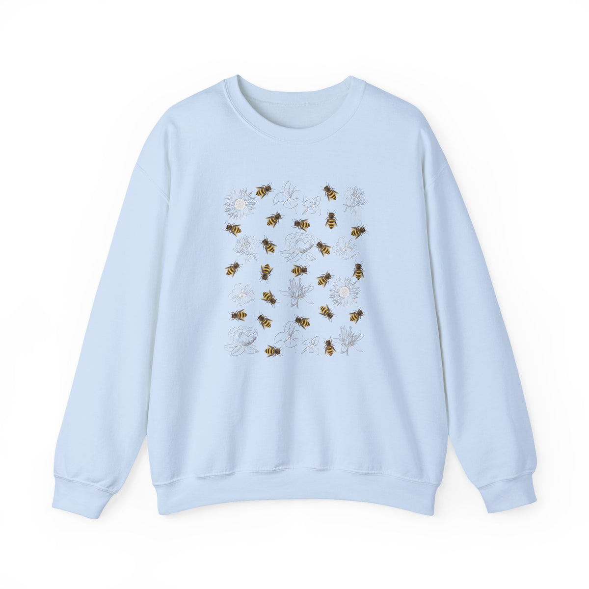 Light blue sweatshirt with bee and flower pattern on a white background