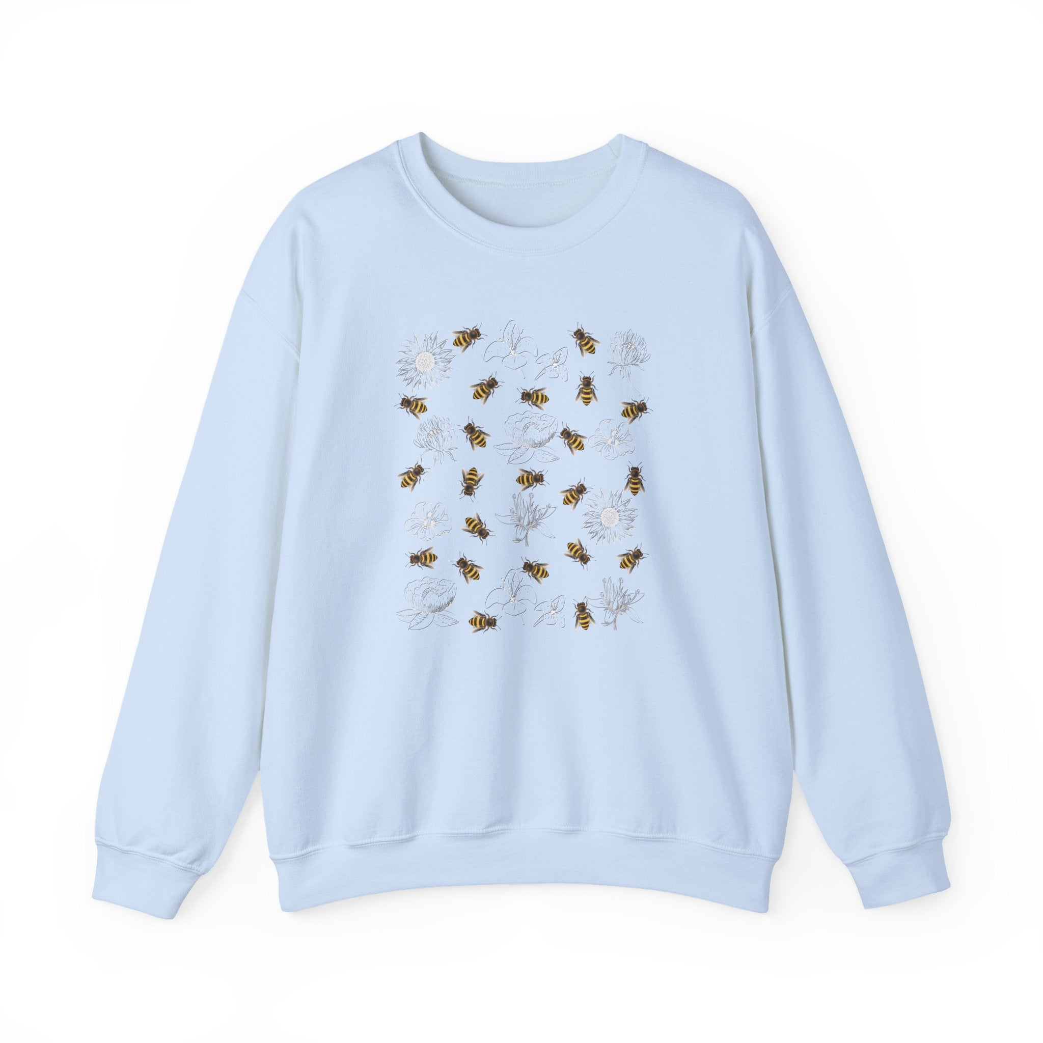 Light blue sweatshirt with bee and flower pattern on a white background
