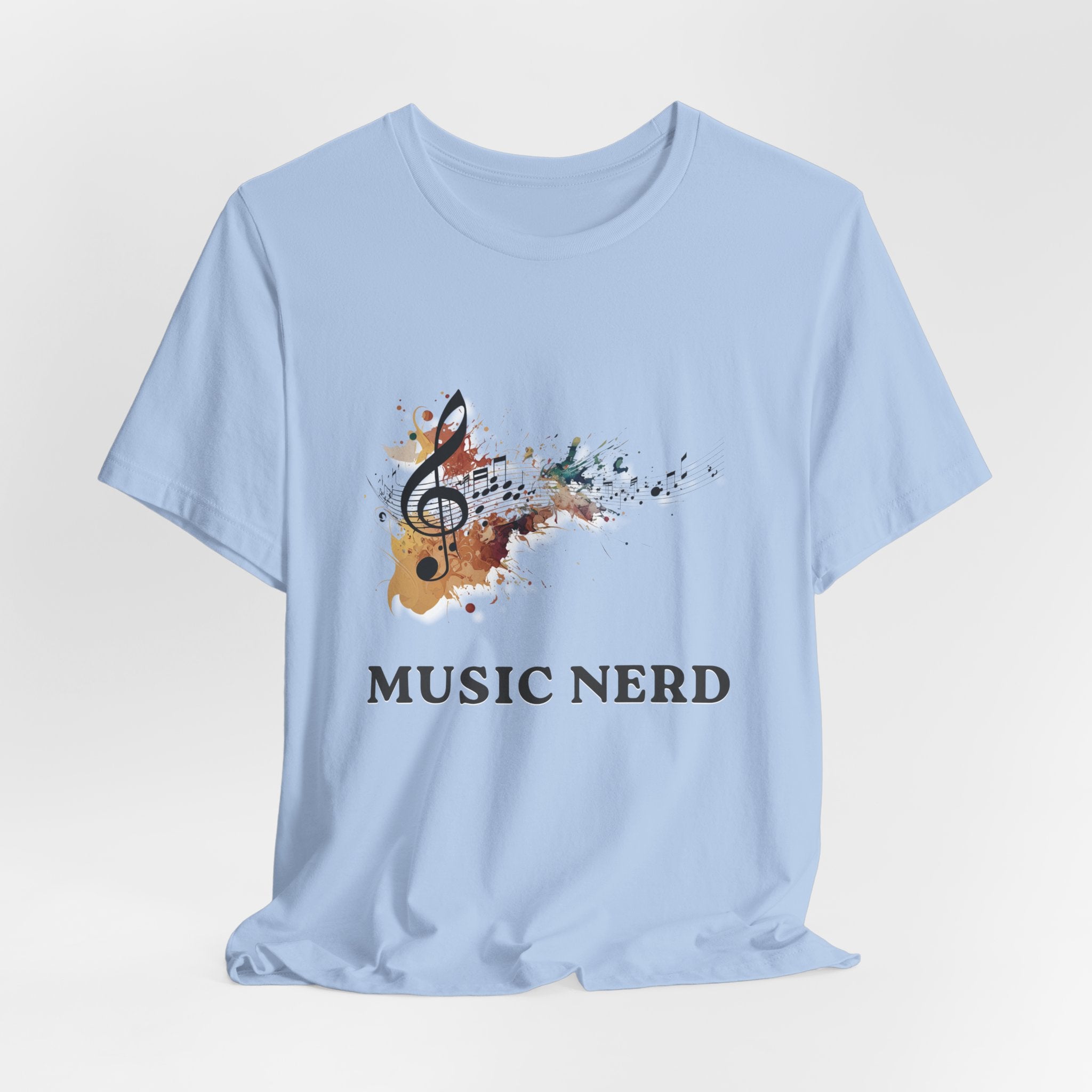 Light blue t-shirt with a music-themed design and 'MUSIC NERD' text on a light gray background