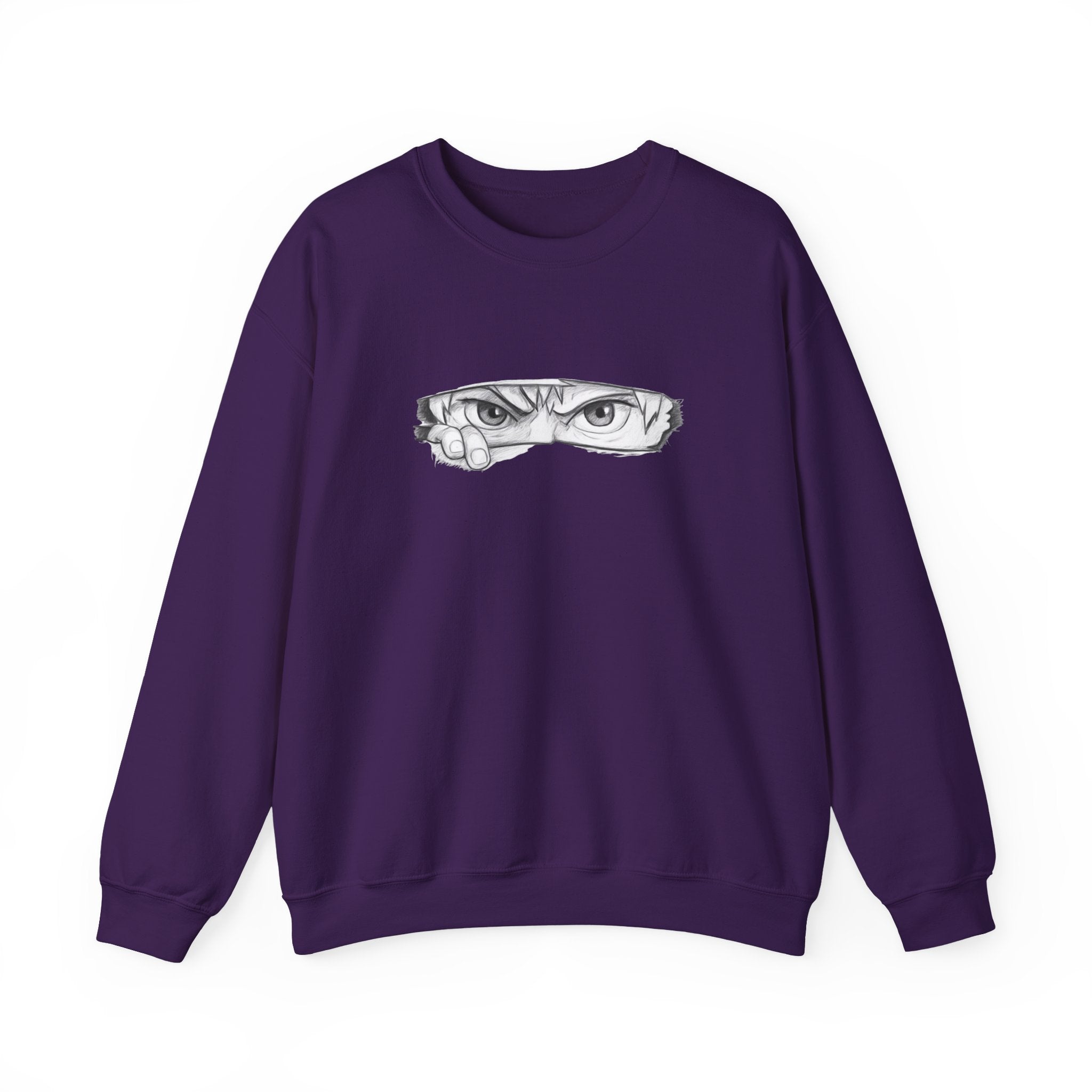 Purple sweatshirt with a anime eyes design on a white background