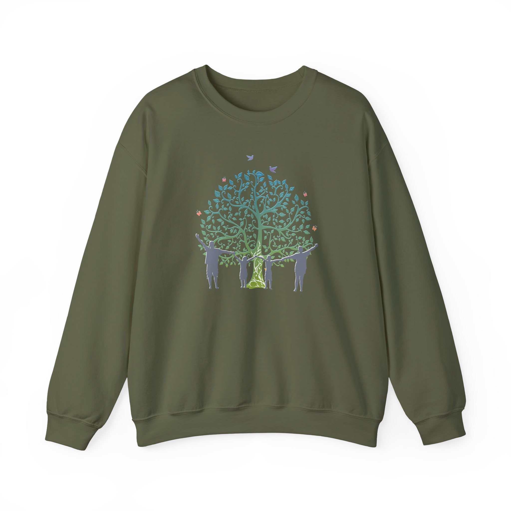 Green sweatshirt with a tree and people design on a white background
