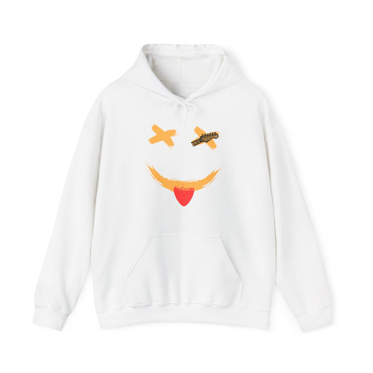 White hoodie with a smiley face guitar graphic design on a white background