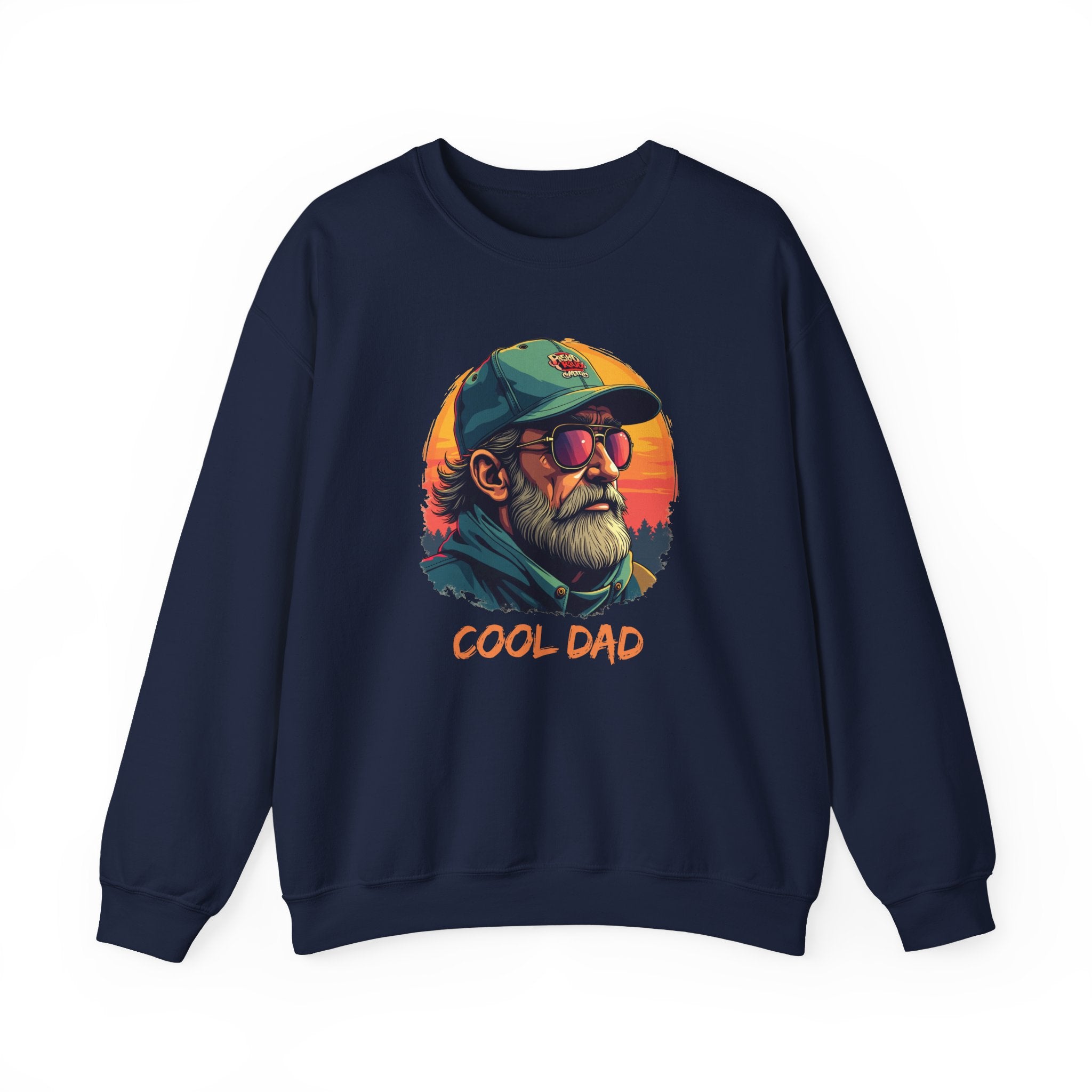 Navy blue sweatshirt with 'Cool Dad' graphic design on a white background