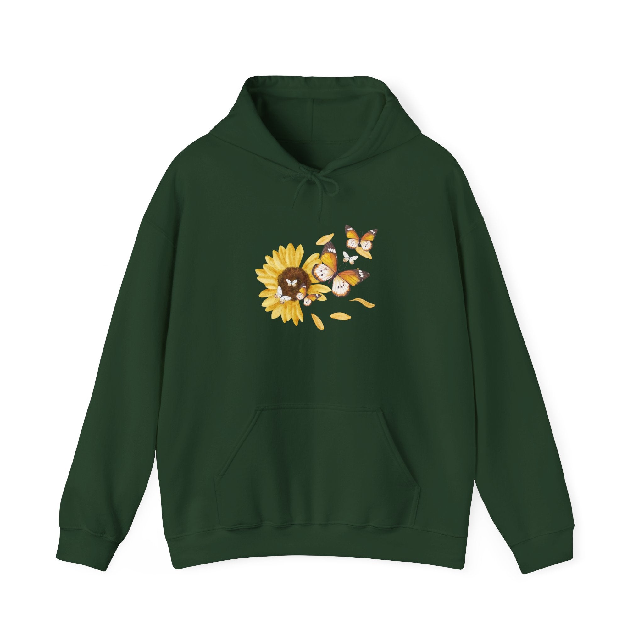 Green hoodie with sunflower and butterfly design on a white background