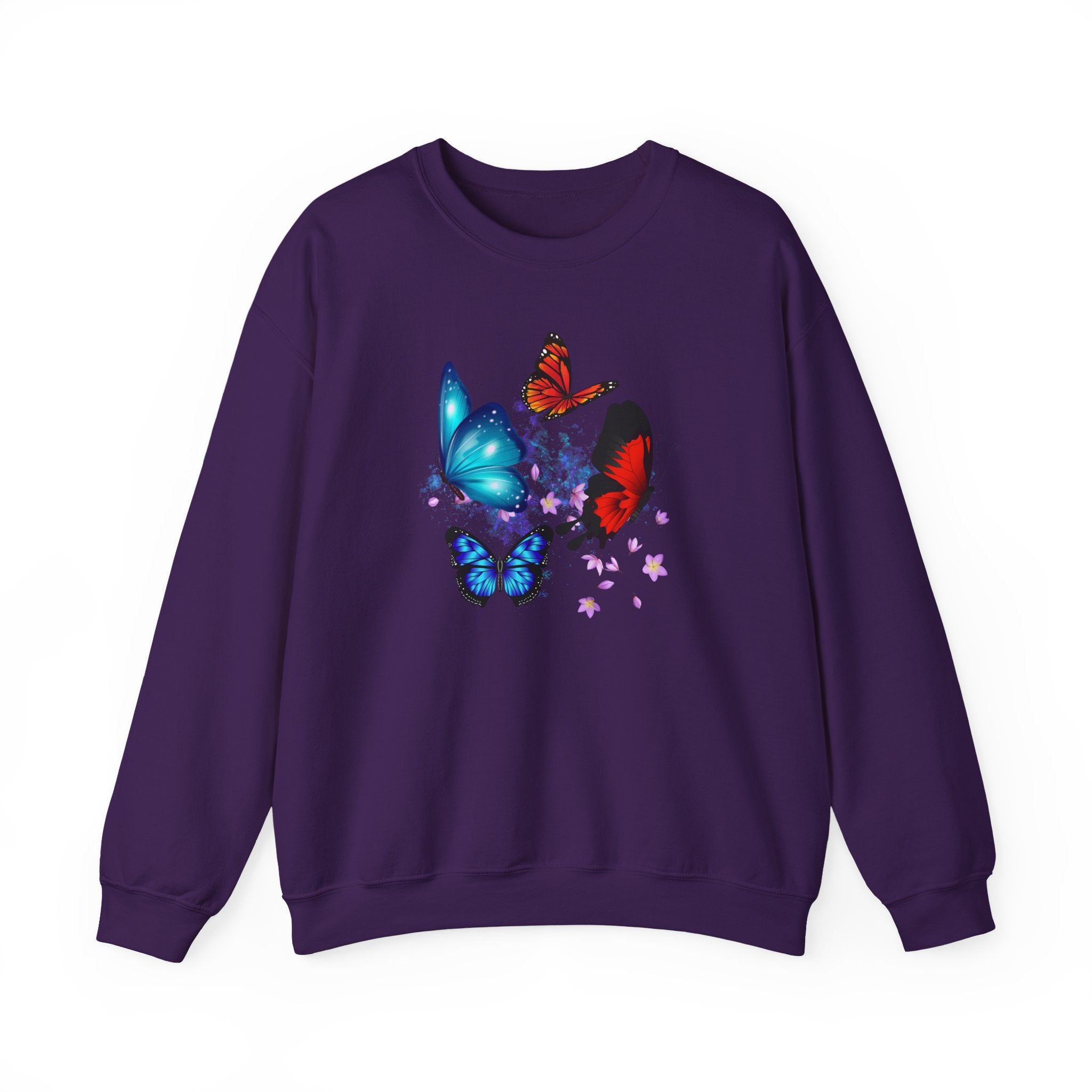 Purple sweatshirt with colorful butterfly design on a white background