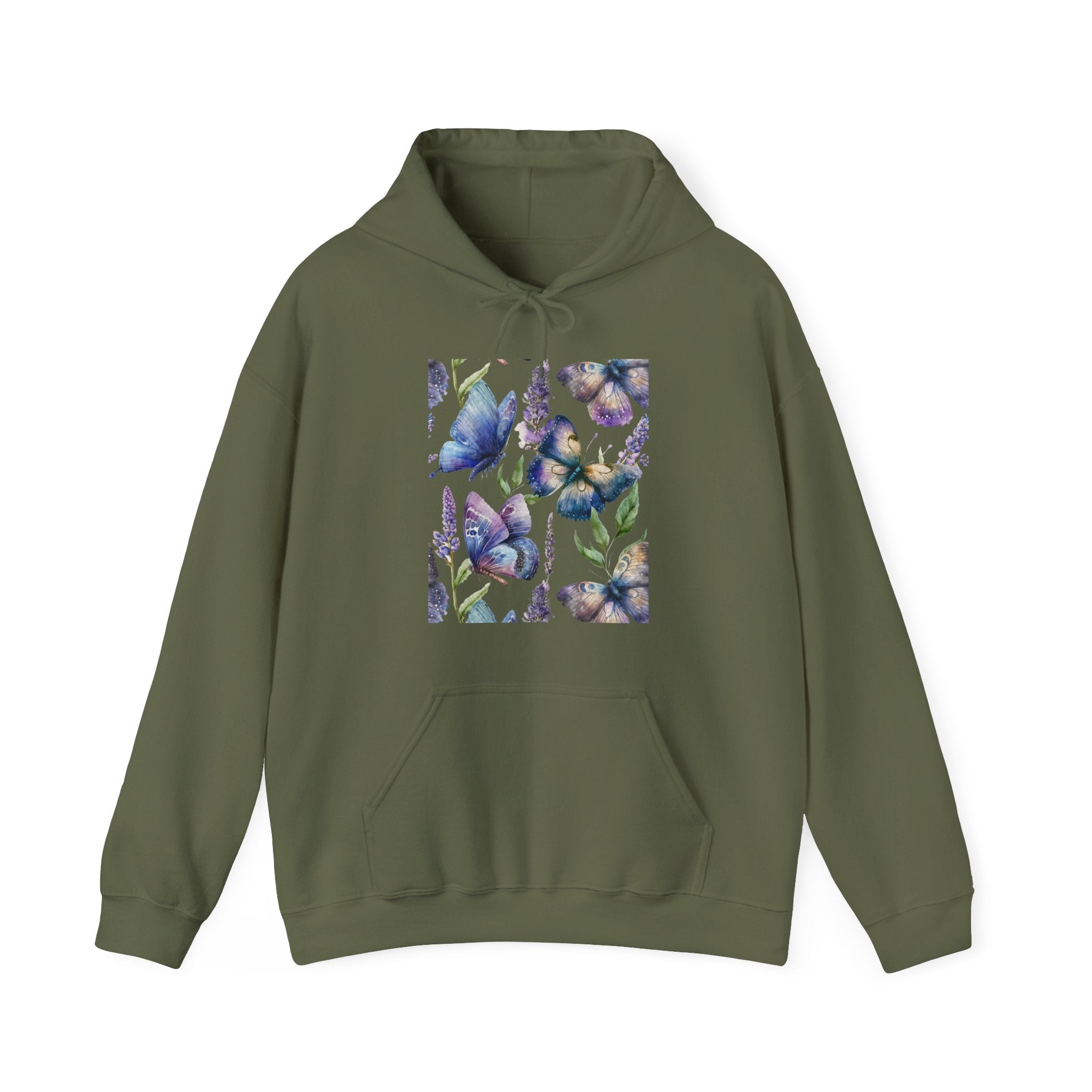 Green hoodie with a floral butterfly design on a white background