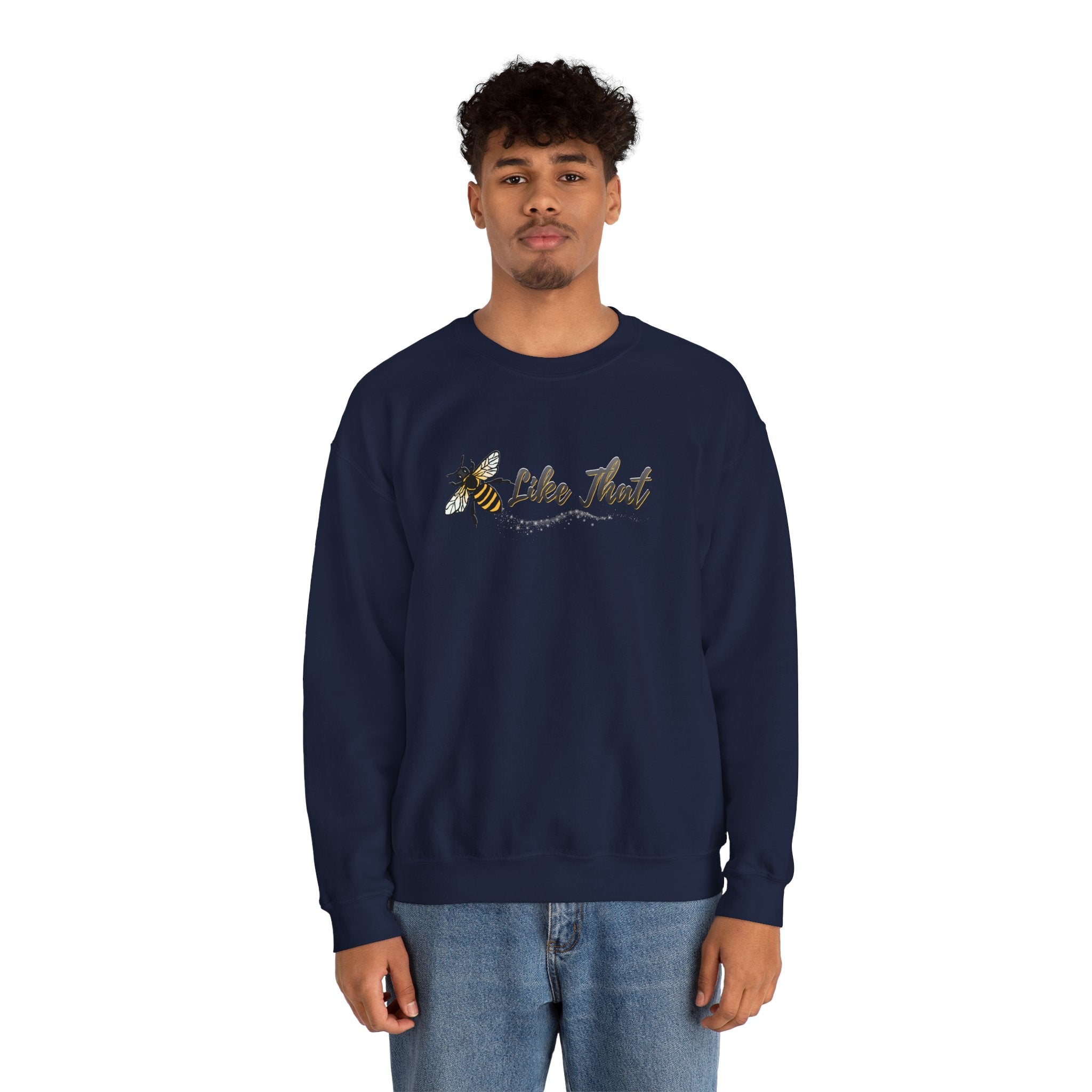 Person wearing a navy blue sweatshirt with bee graphic and 'Like That' text on a white background