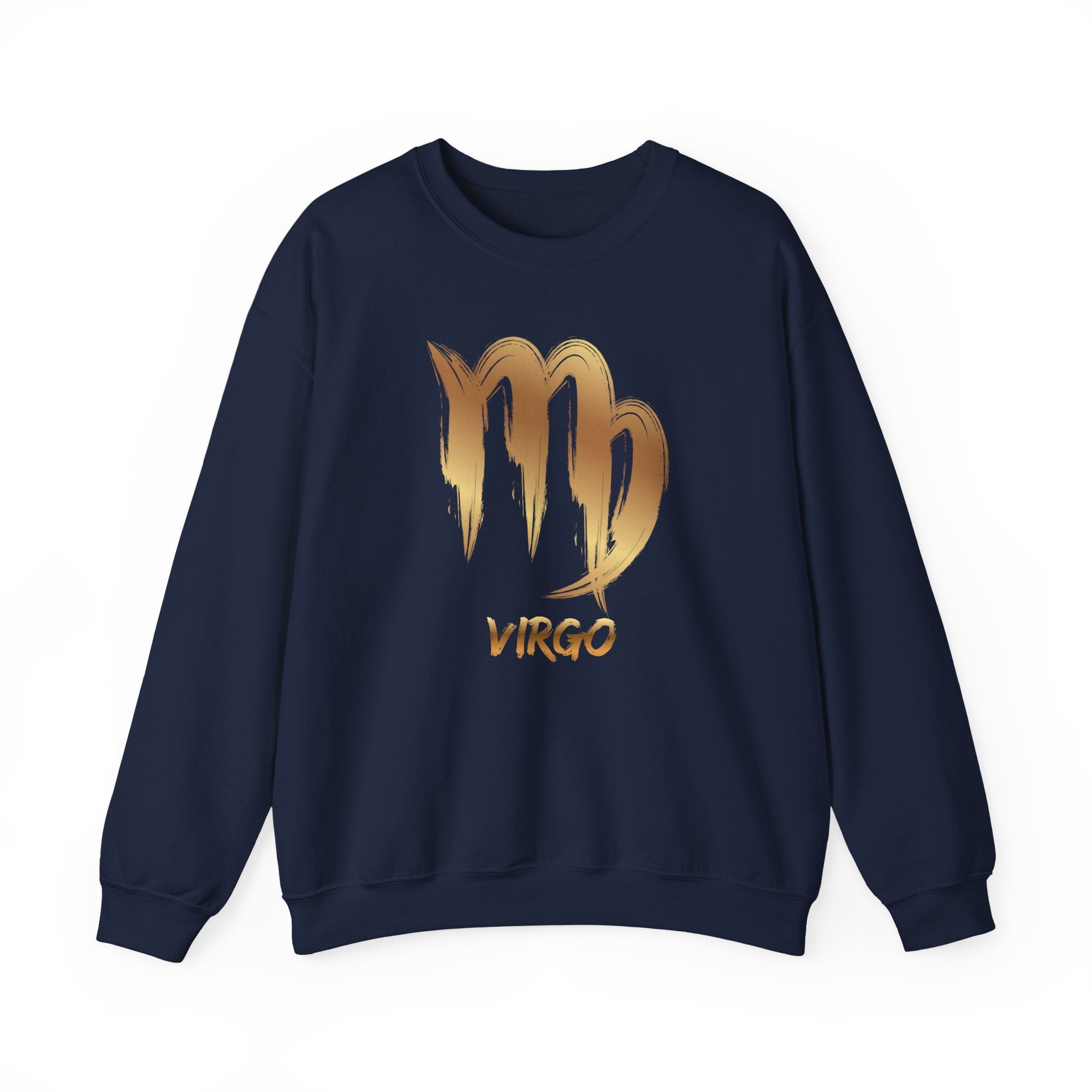 Navy blue sweatshirt with gold Virgo zodiac sign design on a white background