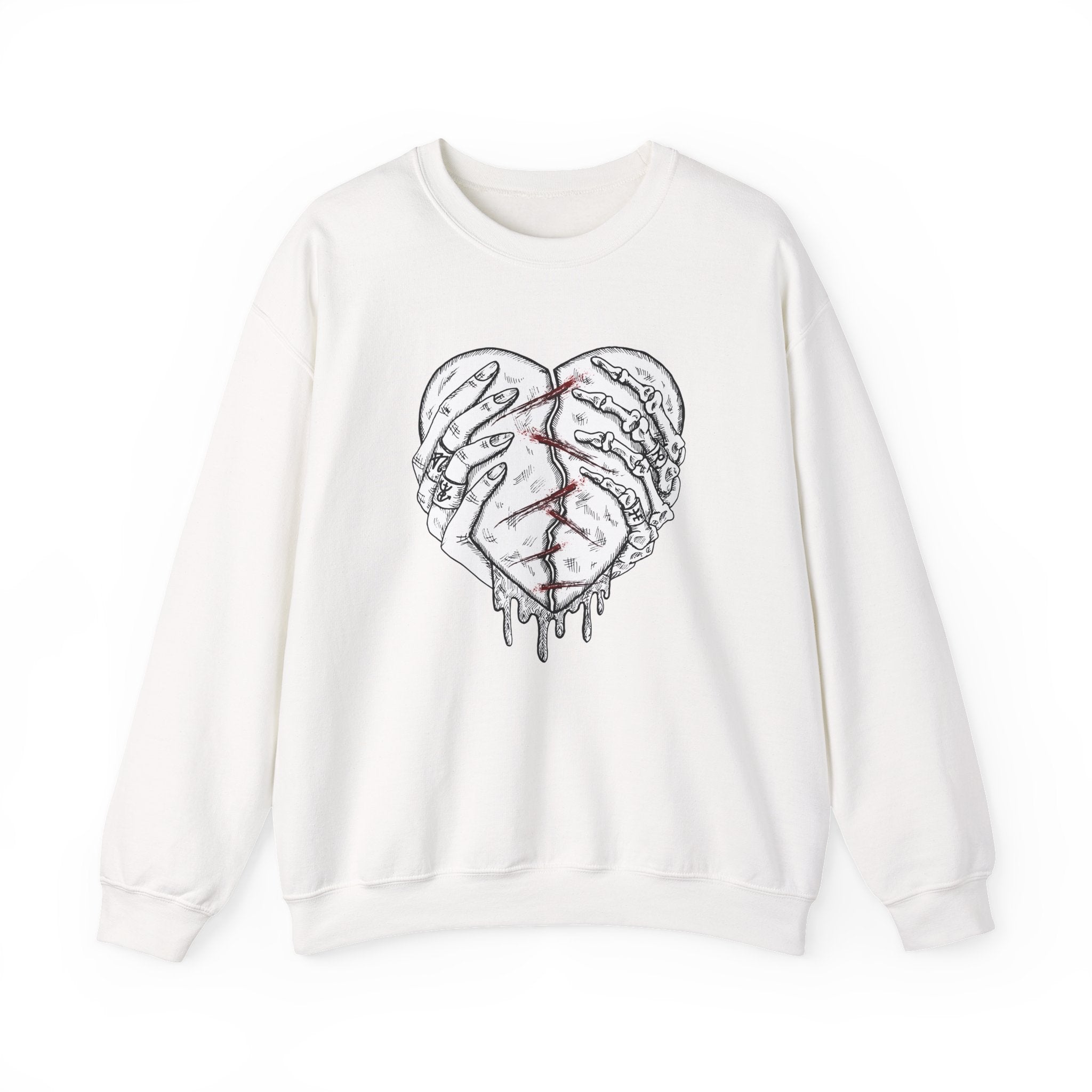 White sweatshirt with a graphic design of a broken heart on a white background