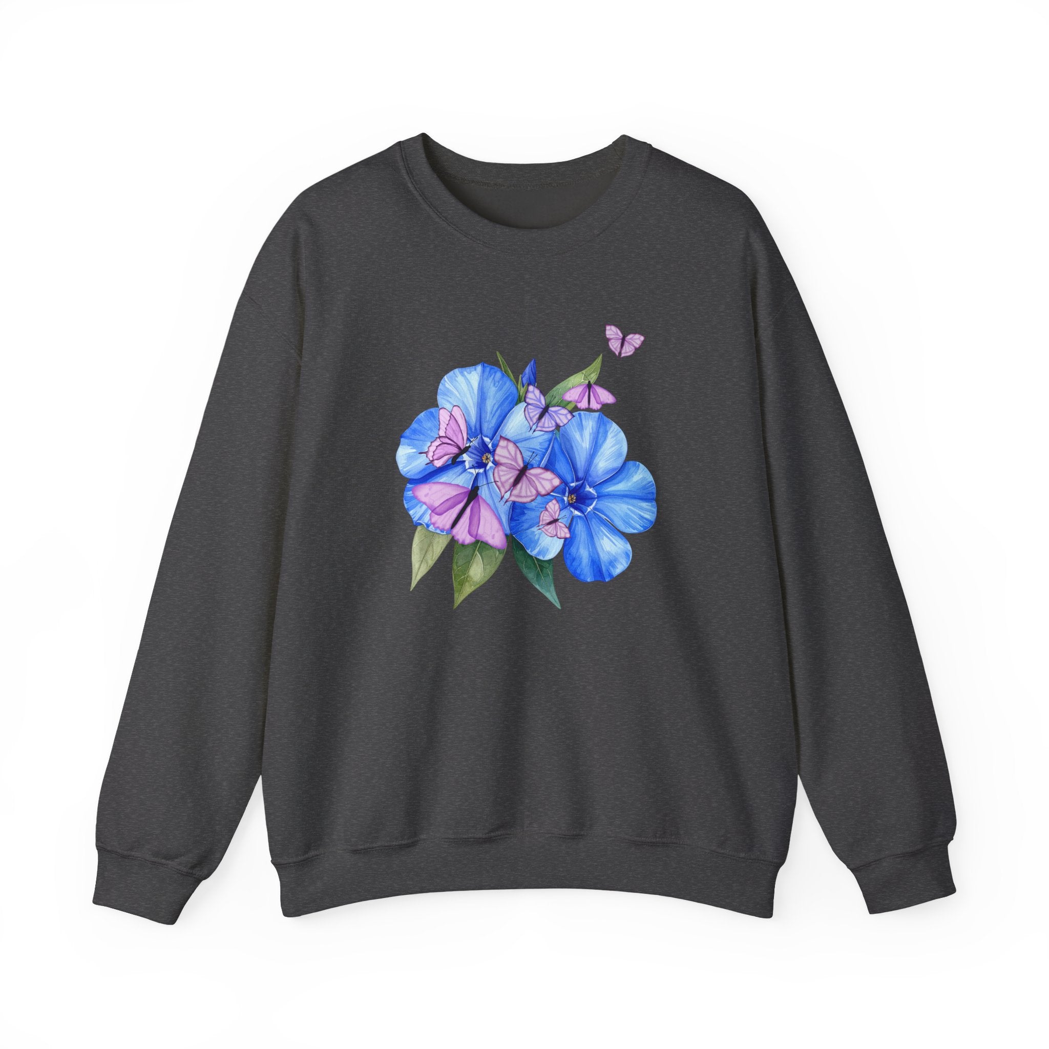 Dark grey sweatshirt with a flower and butterfly design on a white background