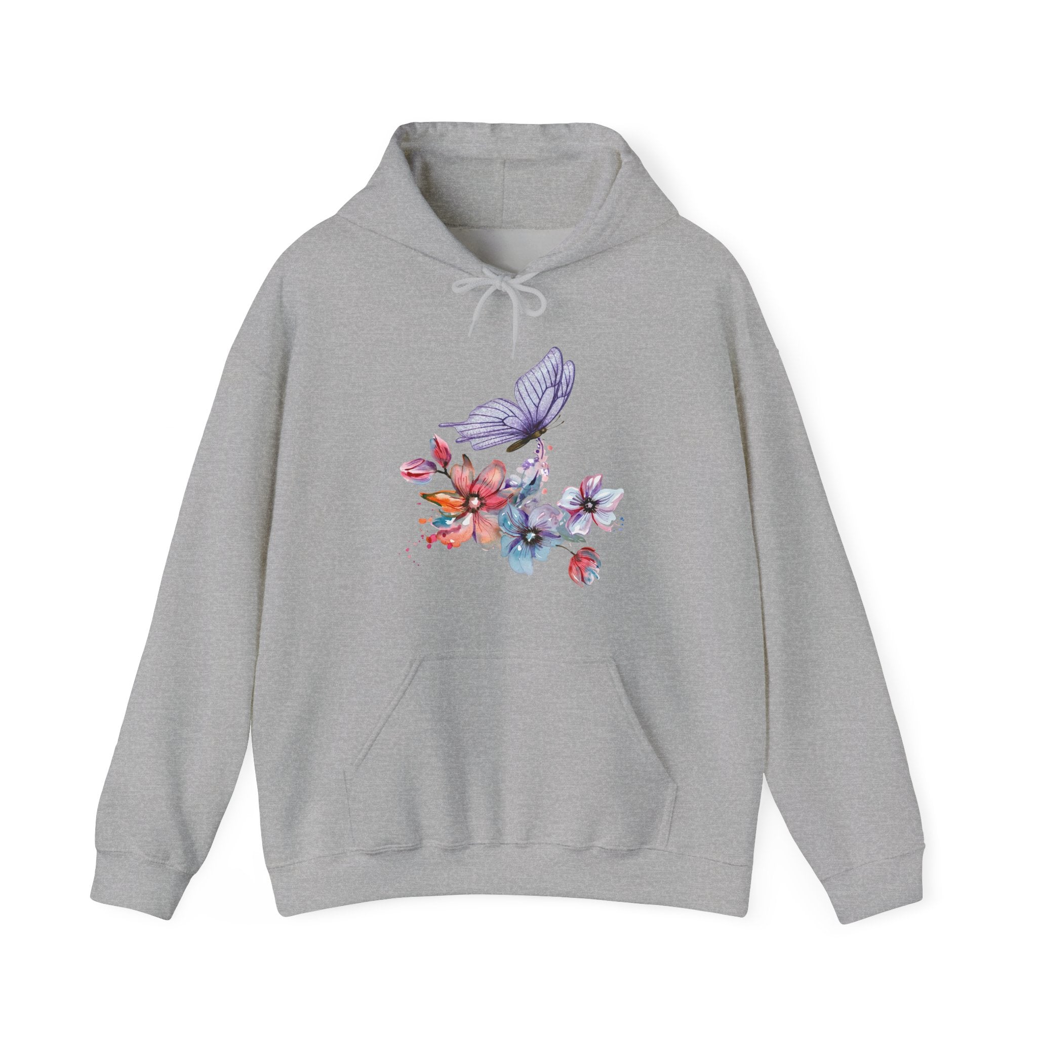 Gray hoodie with colorful floral and butterfly design on a white background