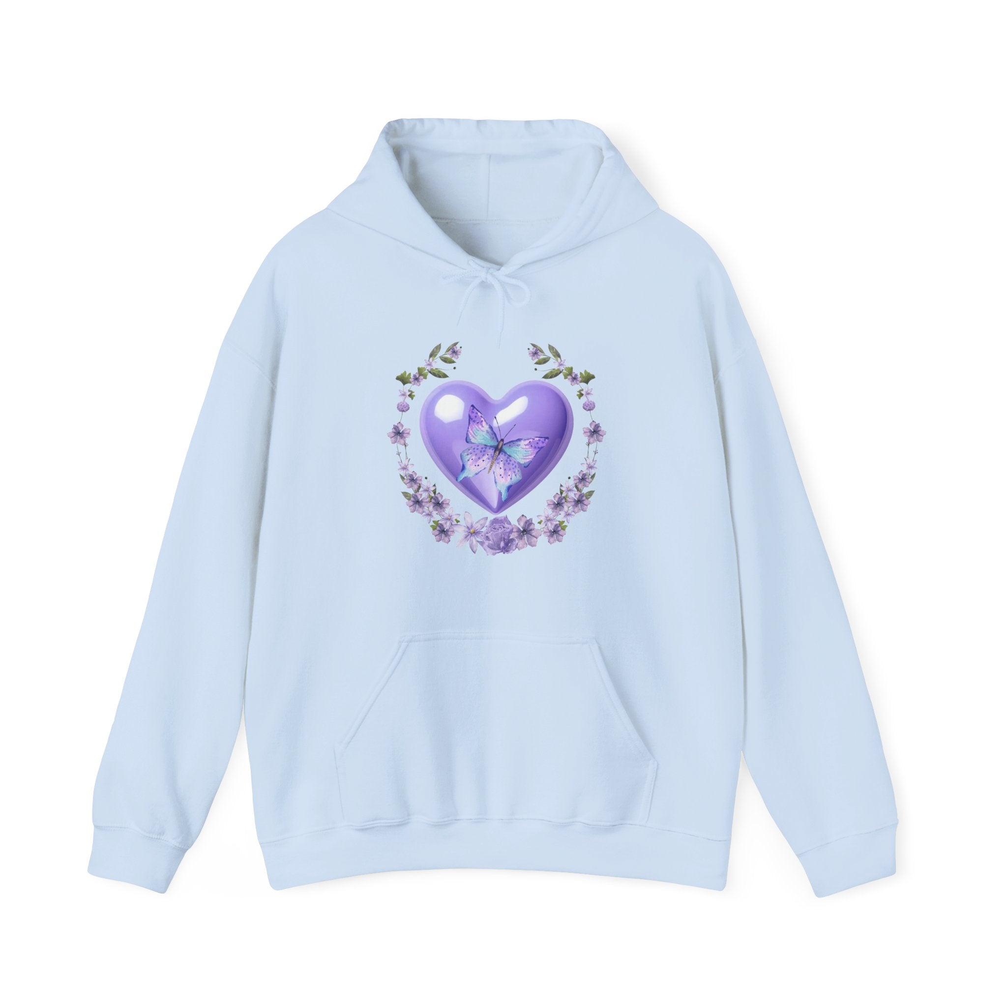 Light blue hoodie with a purple heart and floral design on a white background