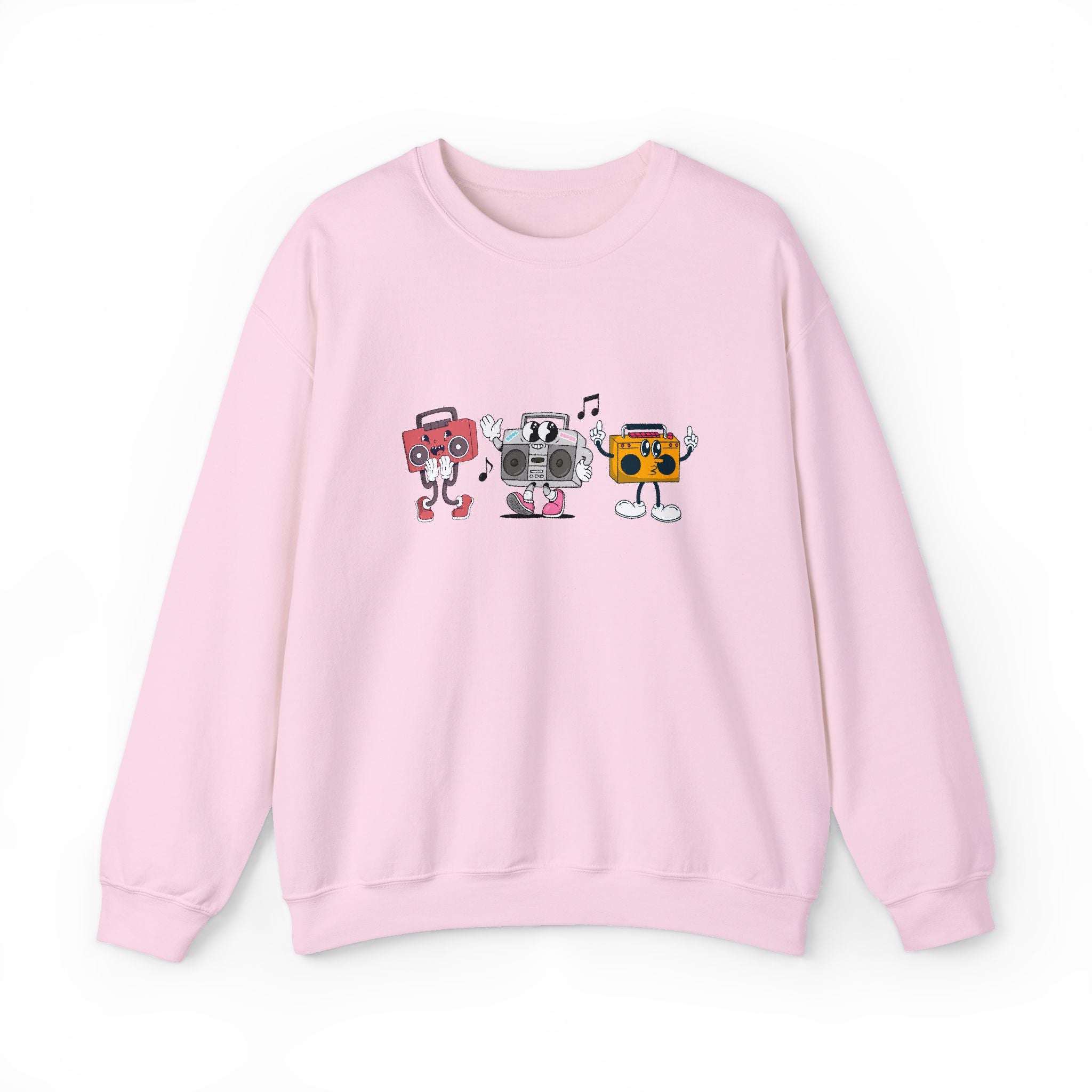 Pink sweatshirt with cartoon robot design on a white background